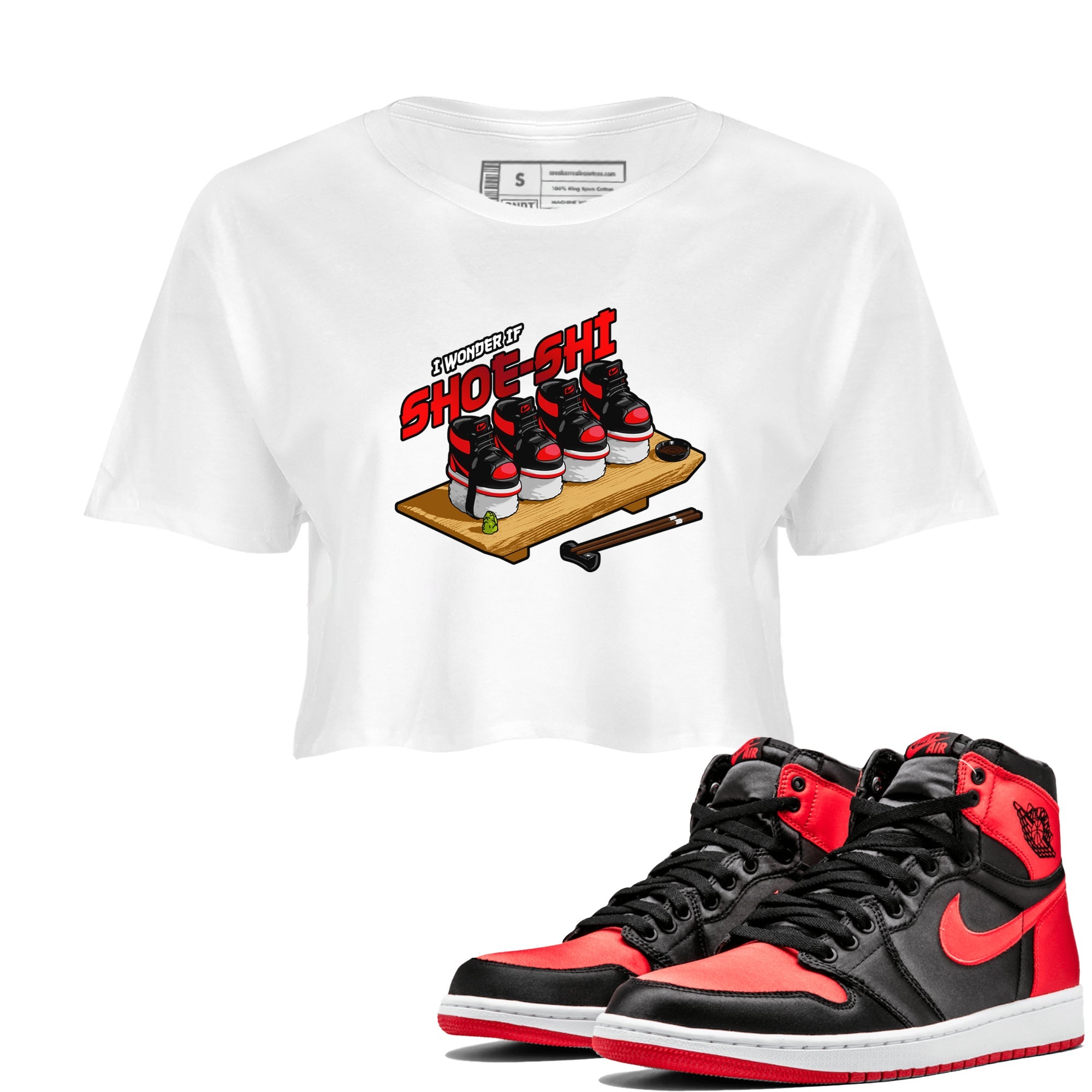 Air Jordan 1 Satin Bred shirt to match jordans Shoe-Shi sneaker tees AJ1 Satin Bred Drip Gear Zone White 1 Crop T-Shirt