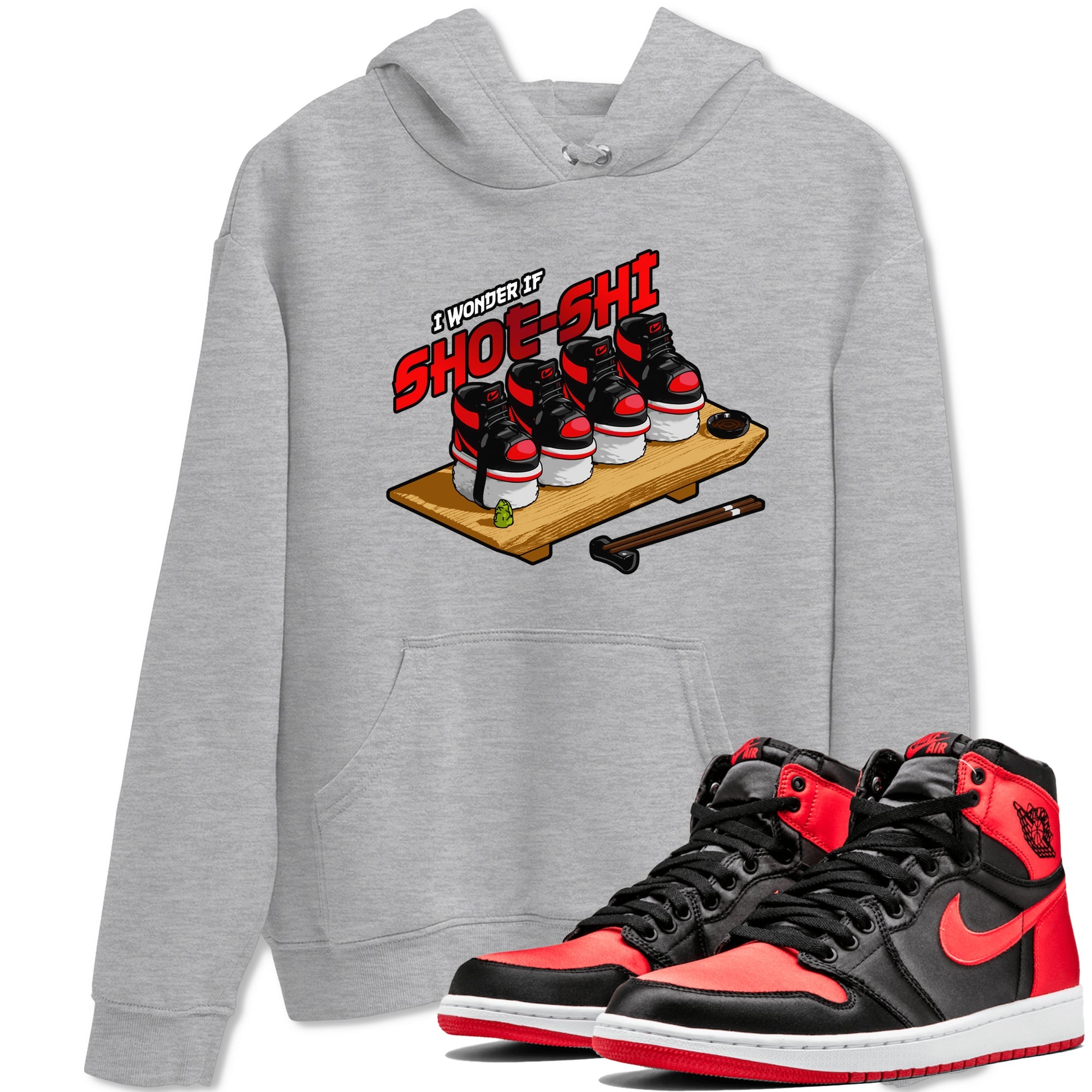 Air Jordan 1 Satin Bred shirt to match jordans Shoe-Shi sneaker tees AJ1 Satin Bred Drip Gear Zone Unisex Heather Grey 1 T-Shirt