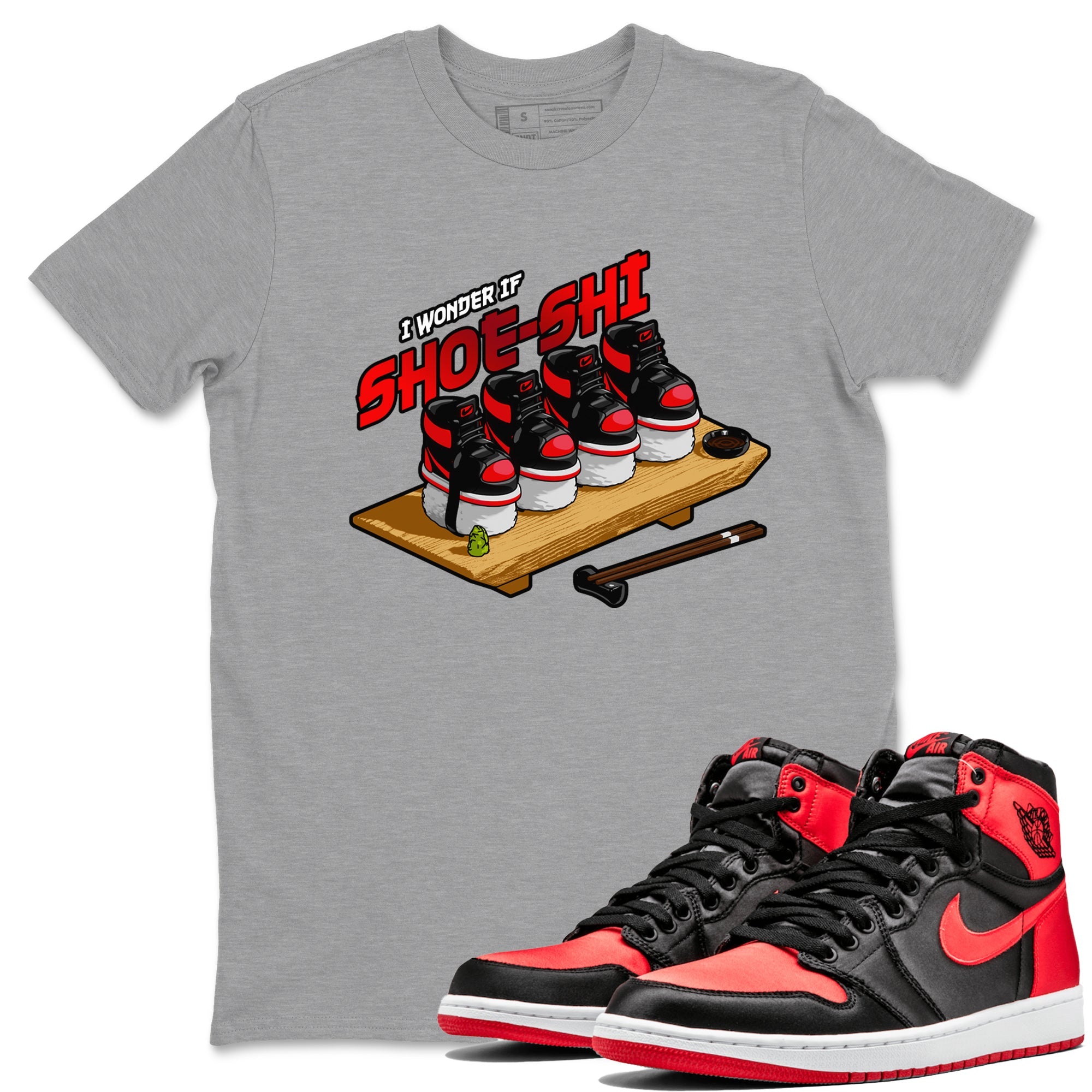 Air Jordan 1 Satin Bred shirt to match jordans Shoe-Shi sneaker tees AJ1 Satin Bred Drip Gear Zone Unisex Heather Grey 1 T-Shirt