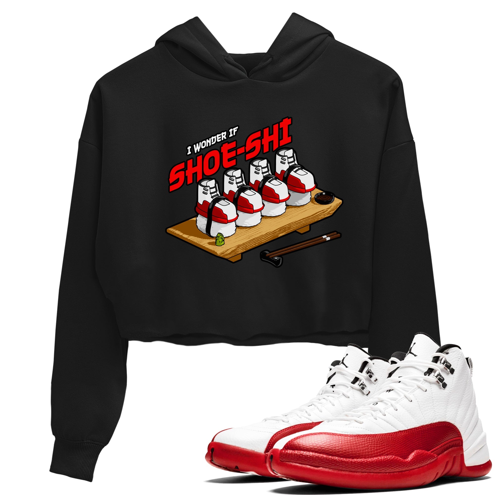 Air Jordan 12 Cherry shirt to match jordans Shoe-Shi sneaker tees AJ12 Cherry Drip Gear Zone Black 1 Crop T-Shirt