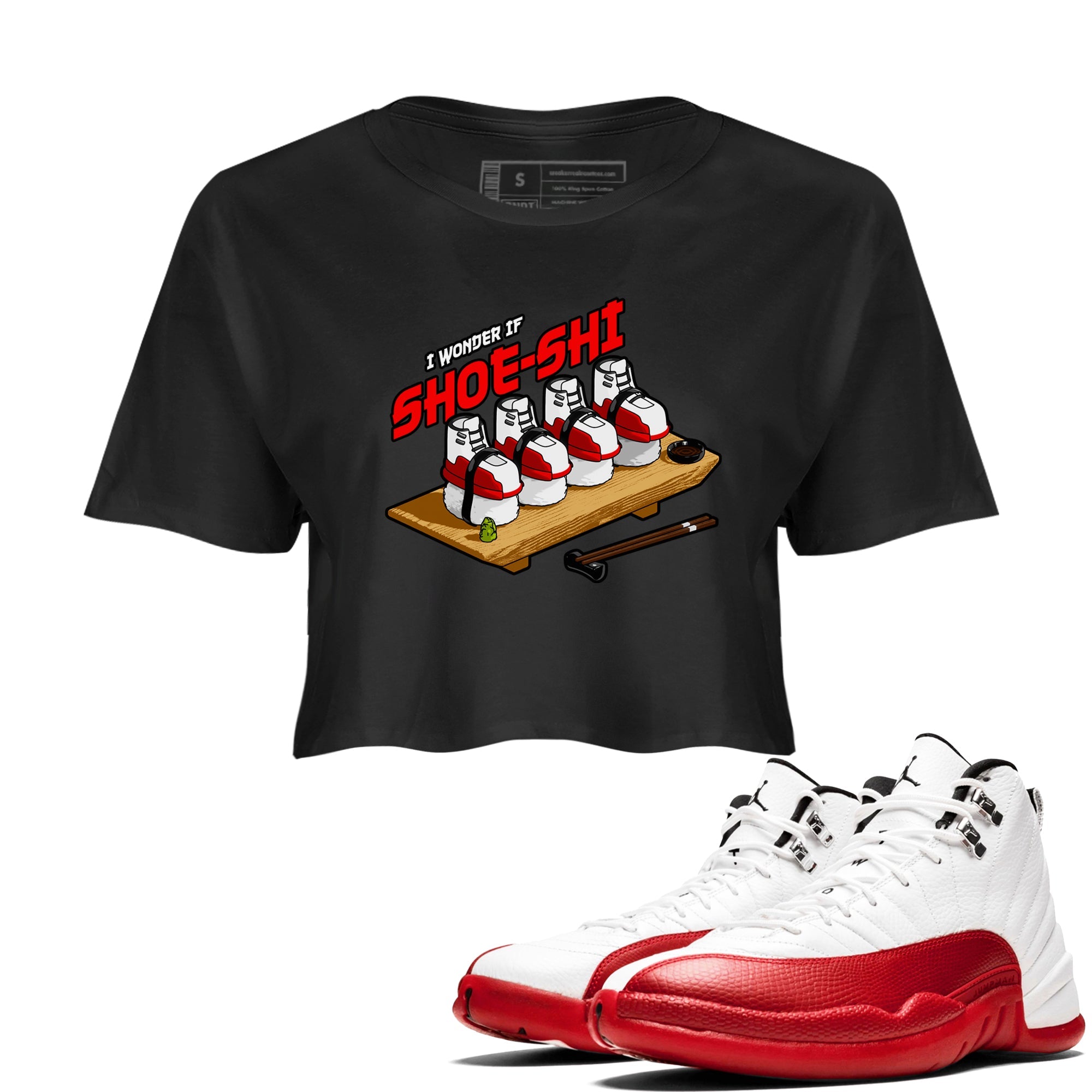 Air Jordan 12 Cherry shirt to match jordans Shoe-Shi sneaker tees AJ12 Cherry Drip Gear Zone Black 1 Crop T-Shirt