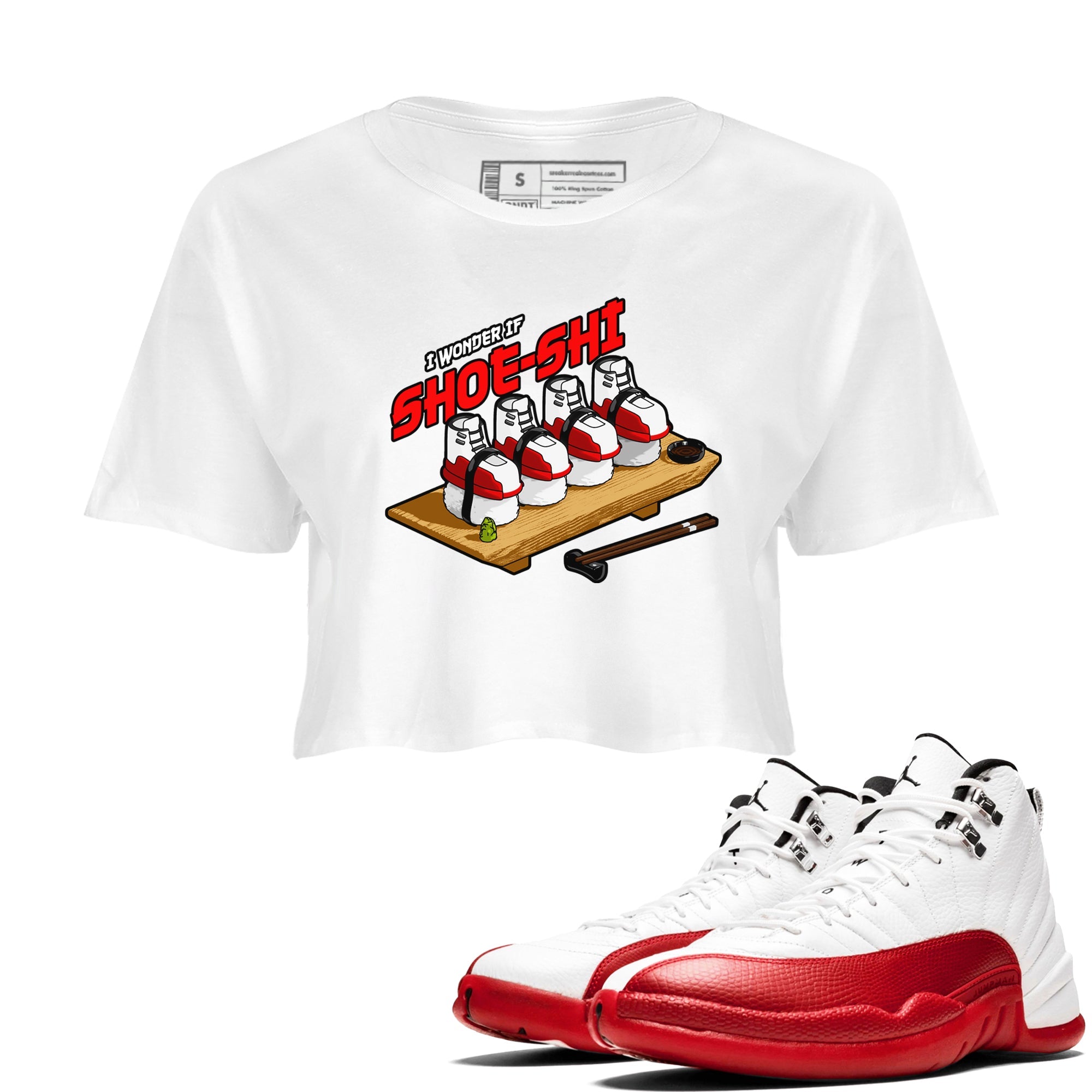 Air Jordan 12 Cherry shirt to match jordans Shoe-Shi sneaker tees AJ12 Cherry Drip Gear Zone White 1 Crop T-Shirt
