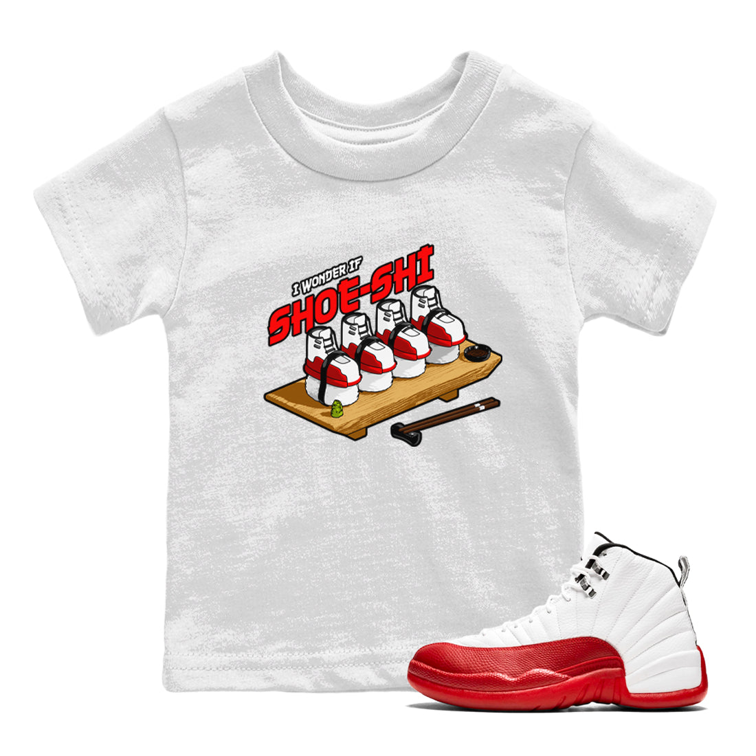 Air Jordan 12 Cherry shirt to match jordans Shoe-Shi sneaker tees AJ12 Cherry Drip Gear Zone Baby Toddler White 1 T-Shirt