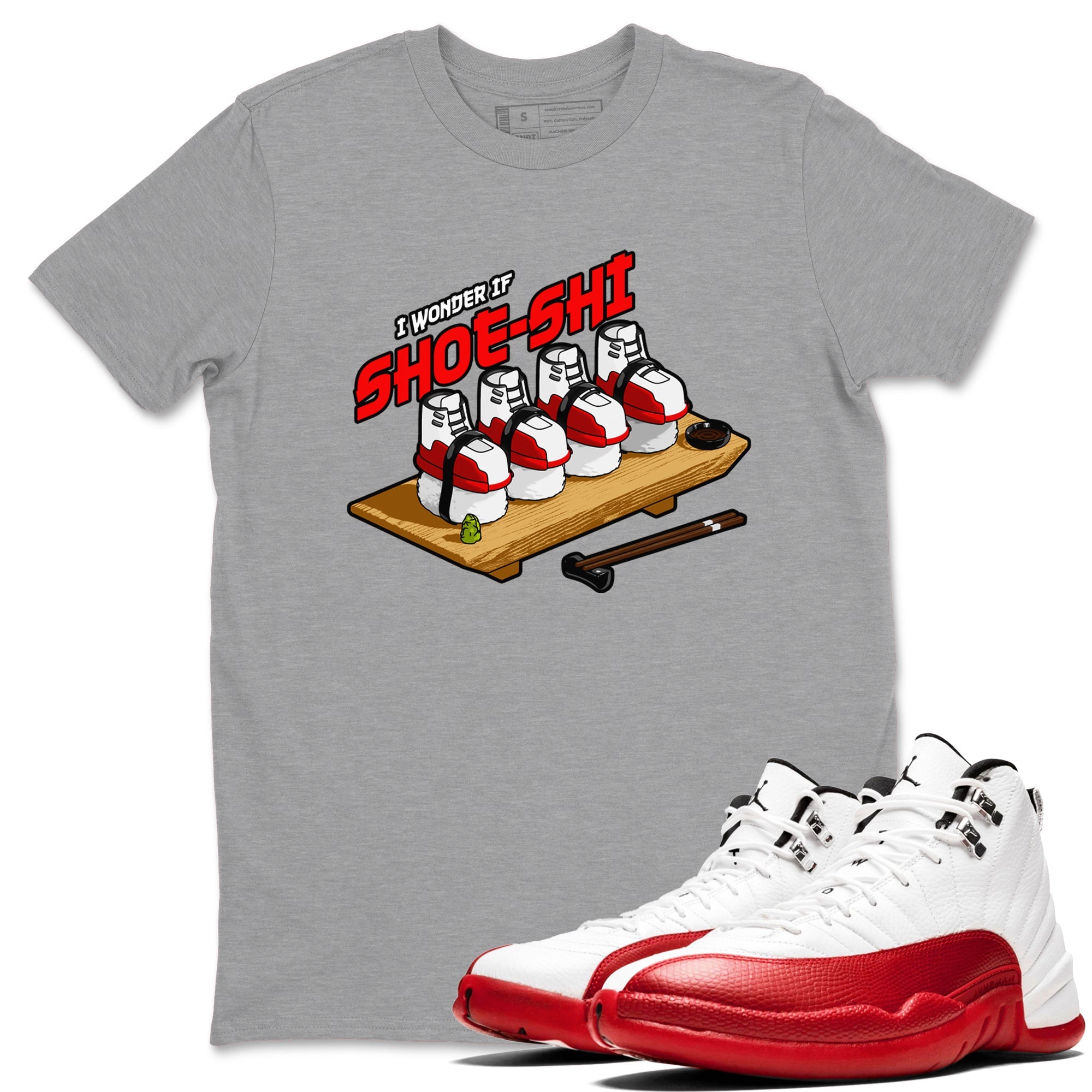 Air Jordan 12 Cherry shirt to match jordans Shoe-Shi sneaker tees AJ12 Cherry Drip Gear Zone Unisex Heather Grey 1 T-Shirt