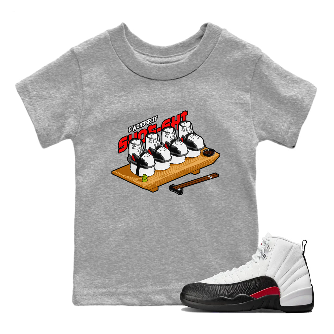 12s Taxi Flip shirts to match jordans Shoe-Shi sneaker match tees Air Jordan 12 Taxi Flip Drip Gear Zone streetwear brand Baby and Youth Heather Grey 1 cotton tee