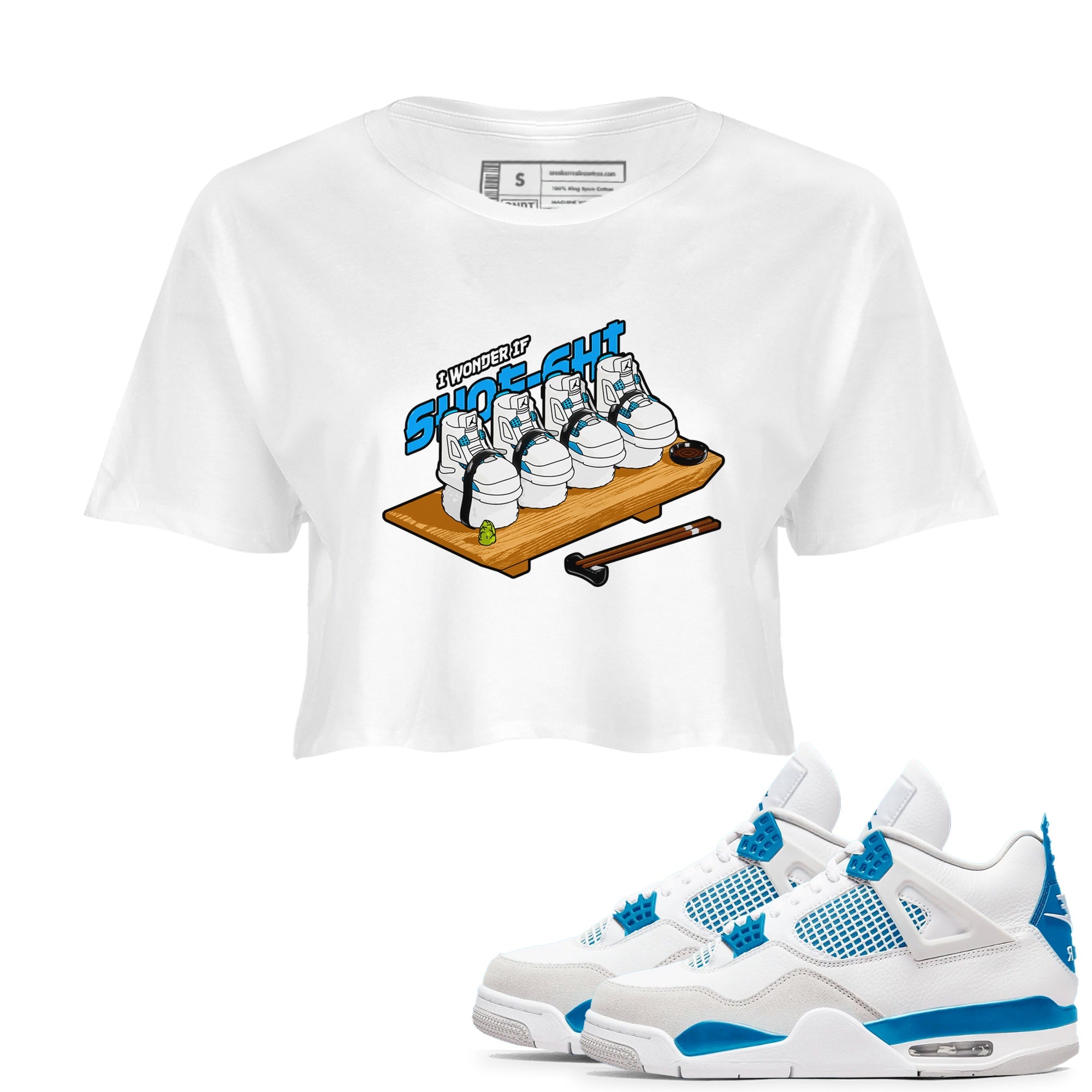Air Jordan 4 Industrial Blue shirt to match jordans Shoe-Shi sneaker tees Air Jordan 4 Military Blue Drip Gear Zone White 1 crop length shirt