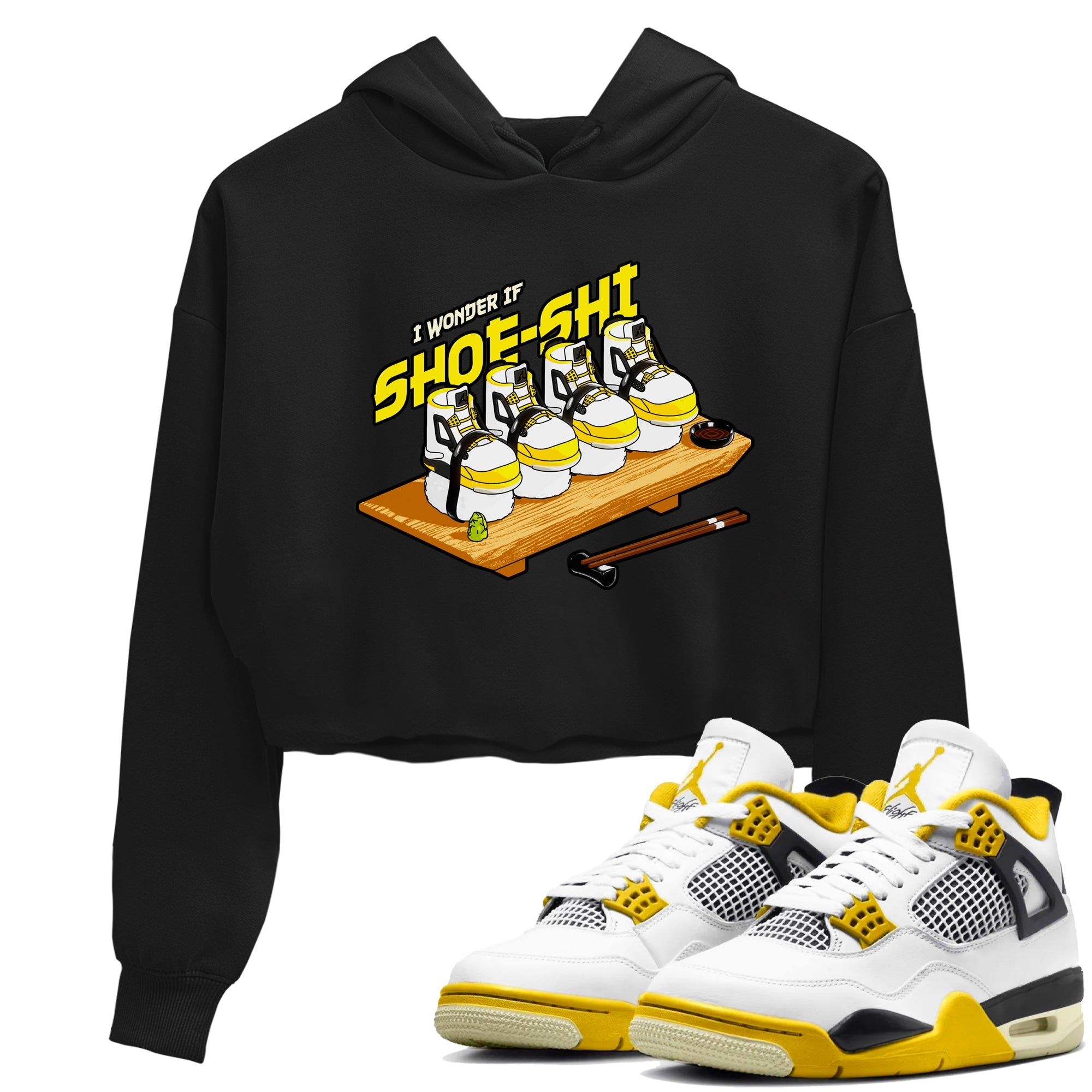 AJ4 Vivid Sulfur shirt to match jordans Shoe-Shi sneaker tees Air Jordan 4 Vivid Sulfur Drip Gear Zone Black 1 crop length shirt