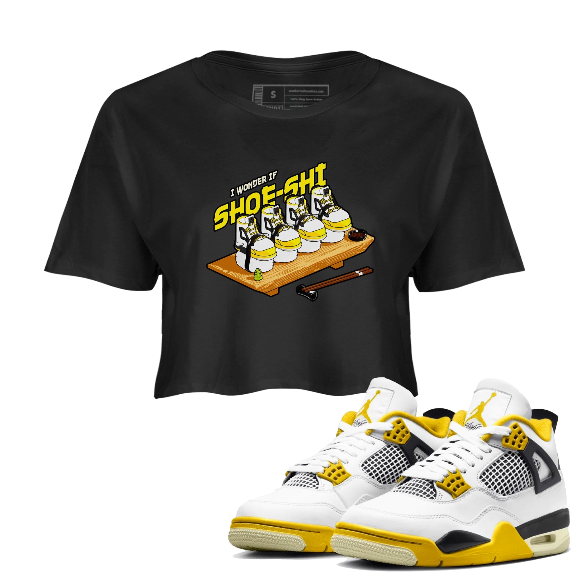AJ4 Vivid Sulfur shirt to match jordans Shoe-Shi sneaker tees Air Jordan 4 Vivid Sulfur Drip Gear Zone Black 1 crop length shirt