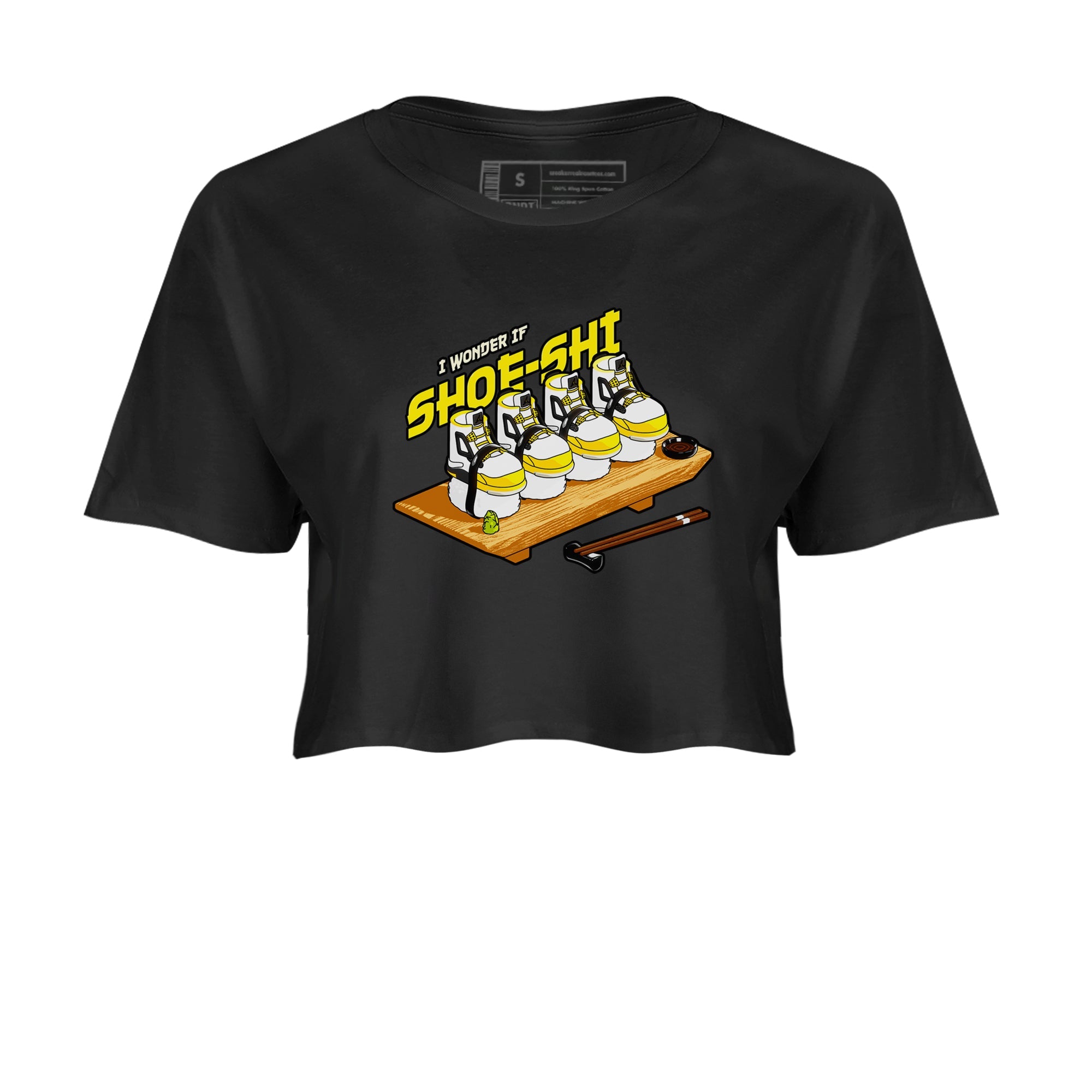AJ4 Vivid Sulfur shirt to match jordans Shoe-Shi sneaker tees Air Jordan 4 Vivid Sulfur Drip Gear Zone Black 2 crop length shirt