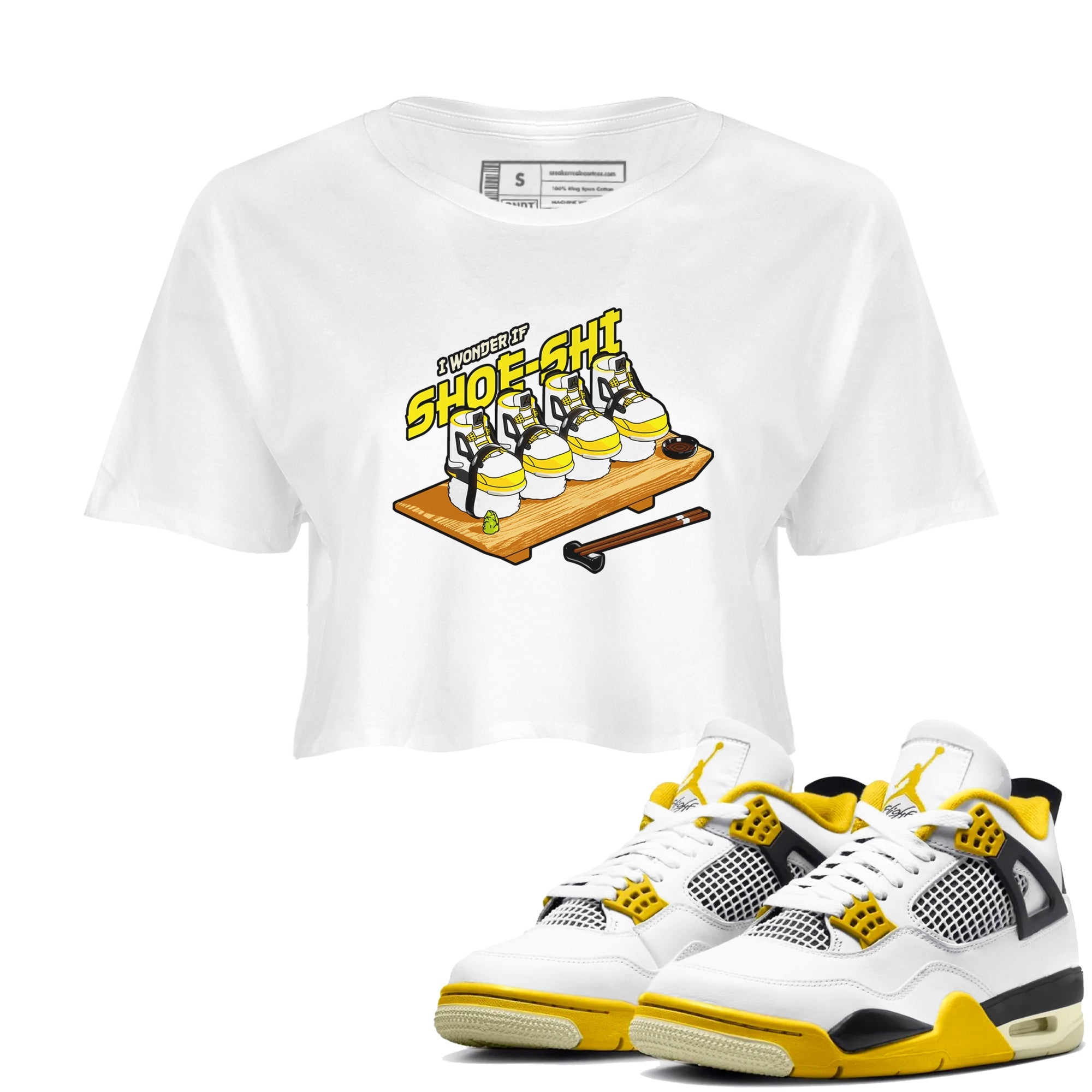 AJ4 Vivid Sulfur shirt to match jordans Shoe-Shi sneaker tees Air Jordan 4 Vivid Sulfur Drip Gear Zone White 1 crop length shirt