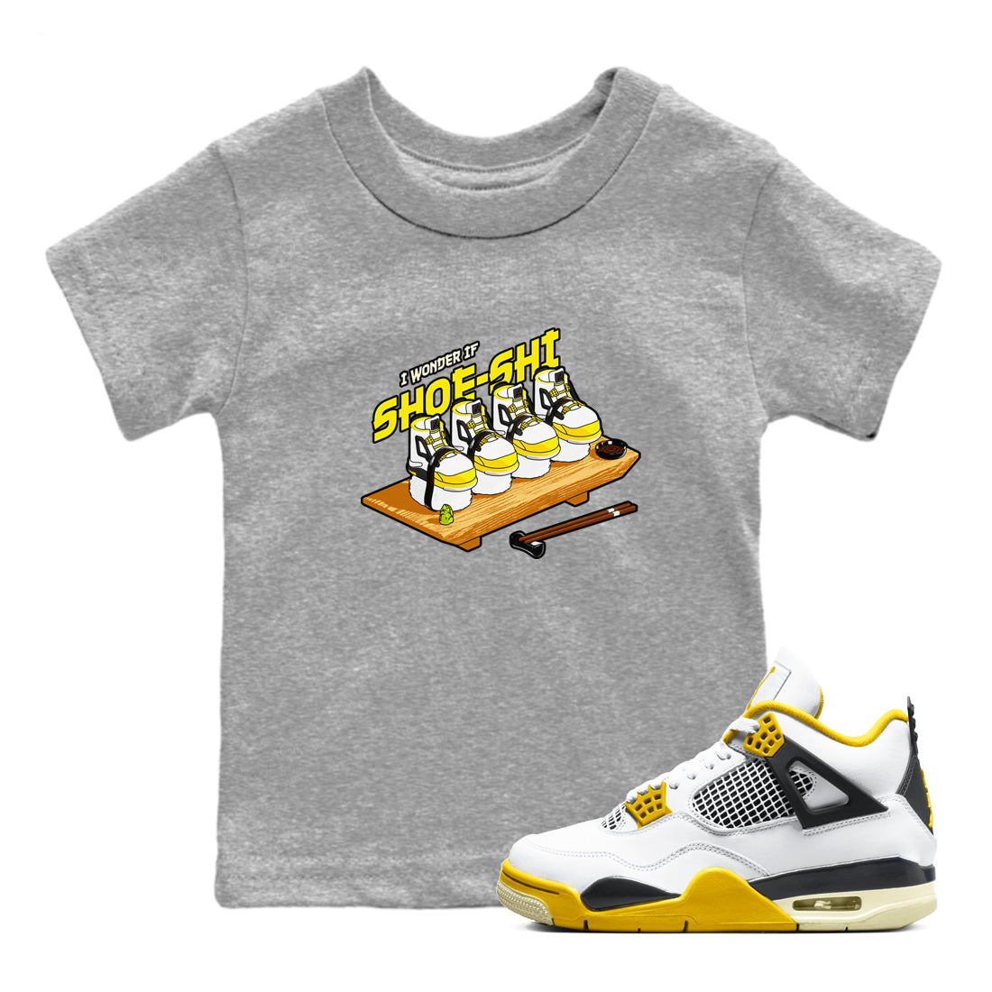 AJ4 Vivid Sulfur shirt to match jordans Shoe-Shi sneaker tees Air Jordan 4 Vivid Sulfur Drip Gear Zone baby toddler Heather Grey 1 cotton Shirt