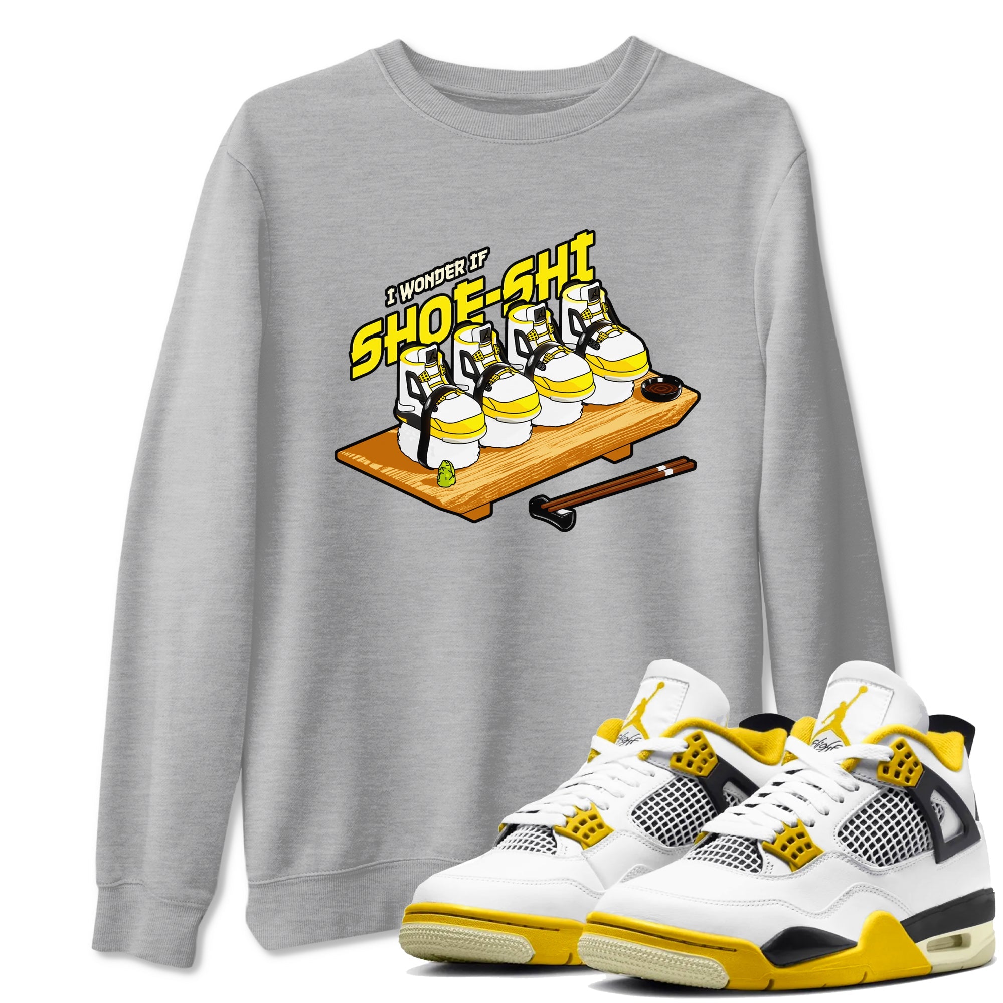 AJ4 Vivid Sulfur shirt to match jordans Shoe-Shi sneaker tees Air Jordan 4 Vivid Sulfur Drip Gear Zone unisex cotton Heather Grey 1 crew neck shirt