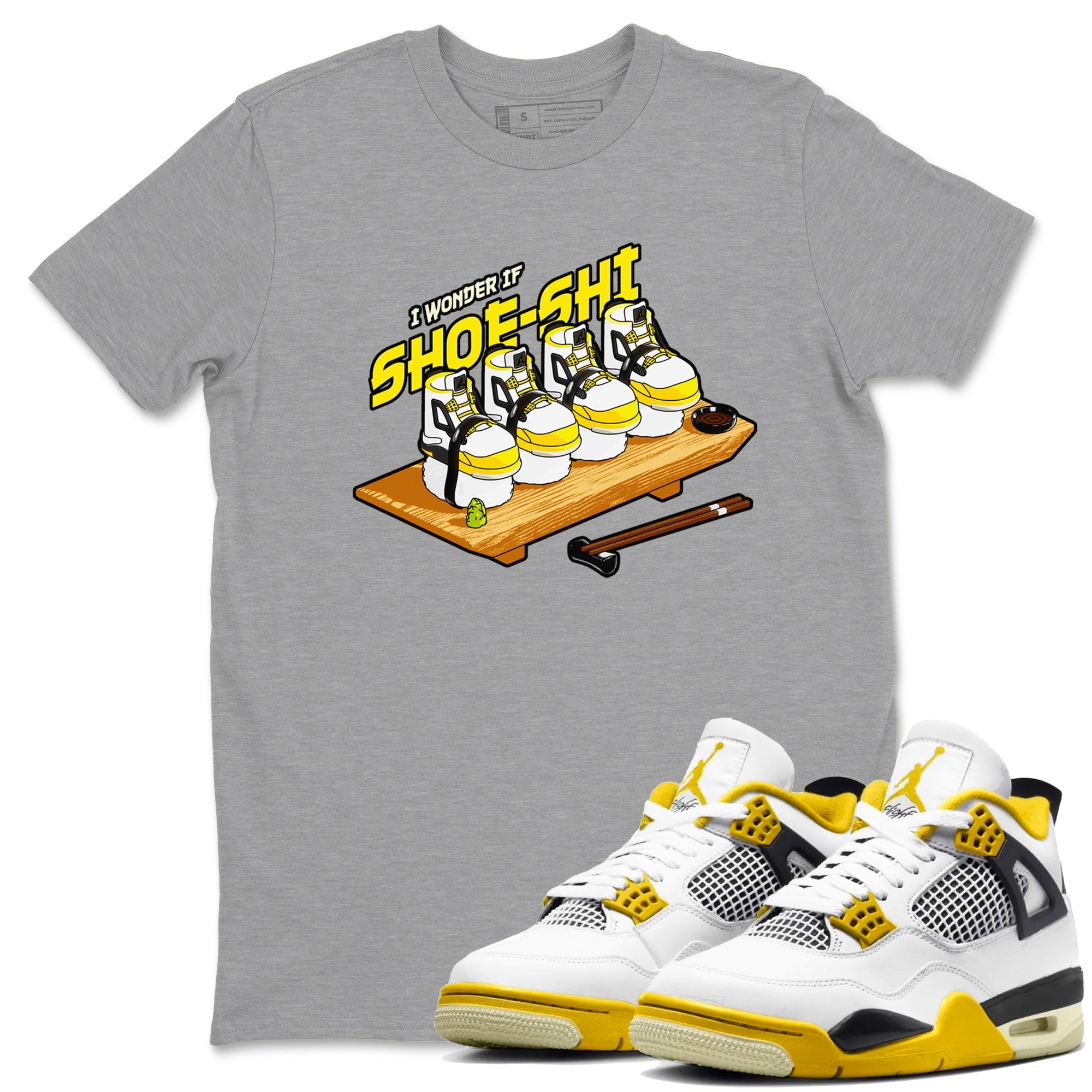 AJ4 Vivid Sulfur shirt to match jordans Shoe-Shi sneaker tees Air Jordan 4 Vivid Sulfur Drip Gear Zone unisex cotton Heather Grey 1 crew neck shirt