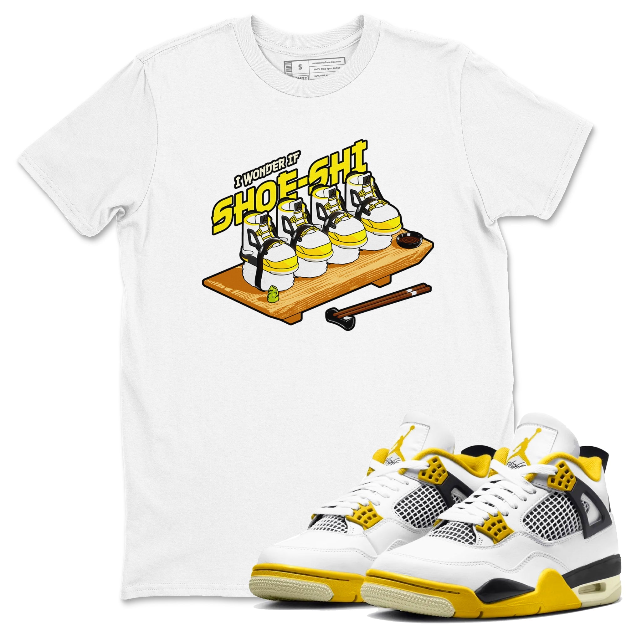 AJ4 Vivid Sulfur shirt to match jordans Shoe-Shi sneaker tees Air Jordan 4 Vivid Sulfur Drip Gear Zone unisex cotton White 1 crew neck shirt