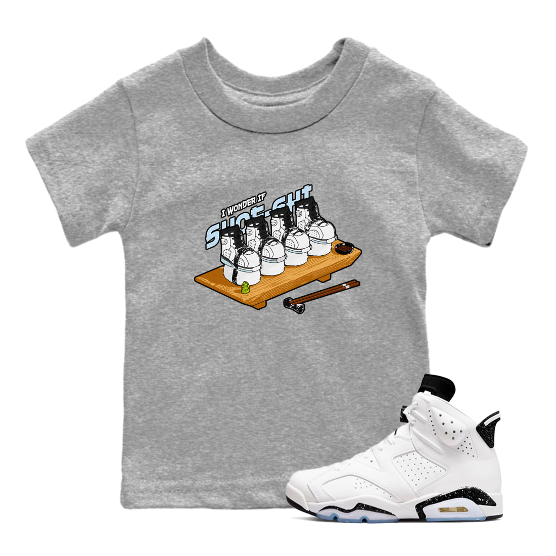 AJ6 White Black shirts to match jordans Shoe-Shi sneaker match tees Air Jordan 6 White Black Drip Gear Zone streetwear brand Baby and Youth Heather Grey 1 cotton tee