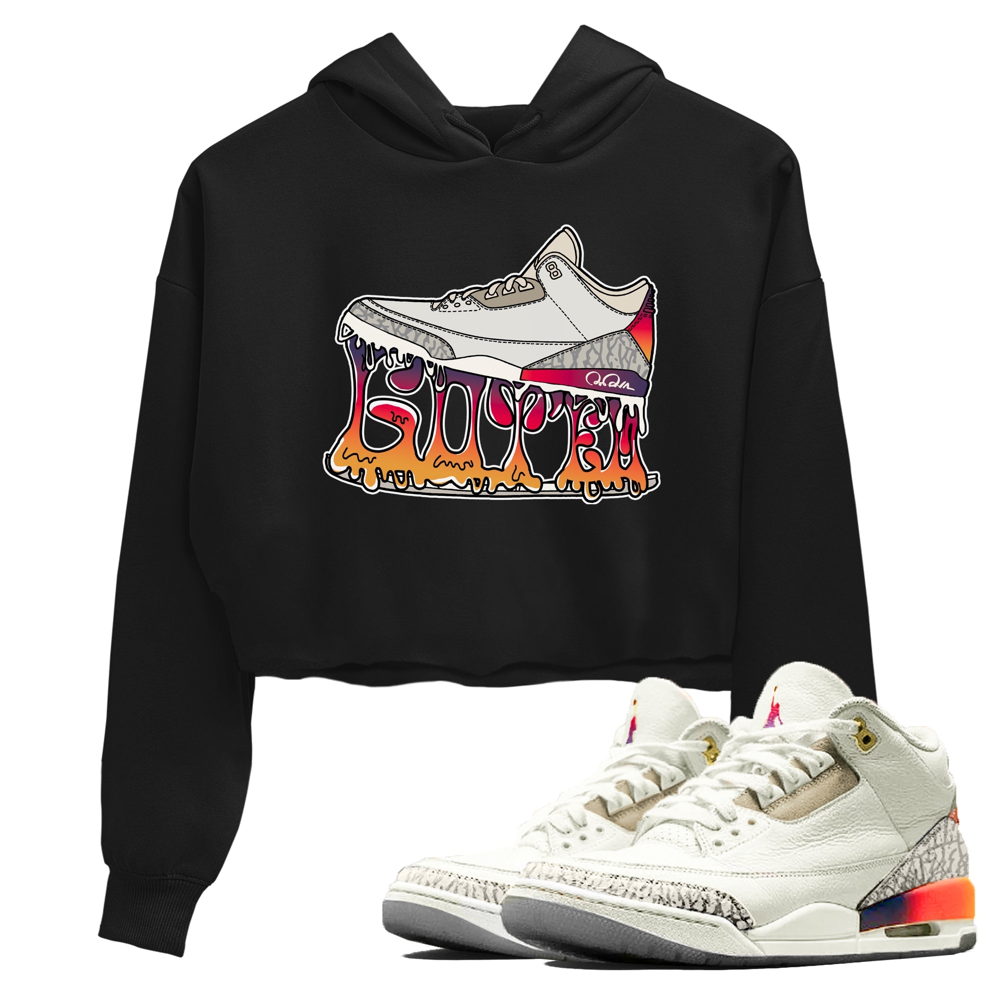 Air Jordan 3 J Balvin shirt to match jordans Shoe Stuck sneaker tees AJ3 J Balvin Drip Gear Zone Black 1 Crop T-Shirt