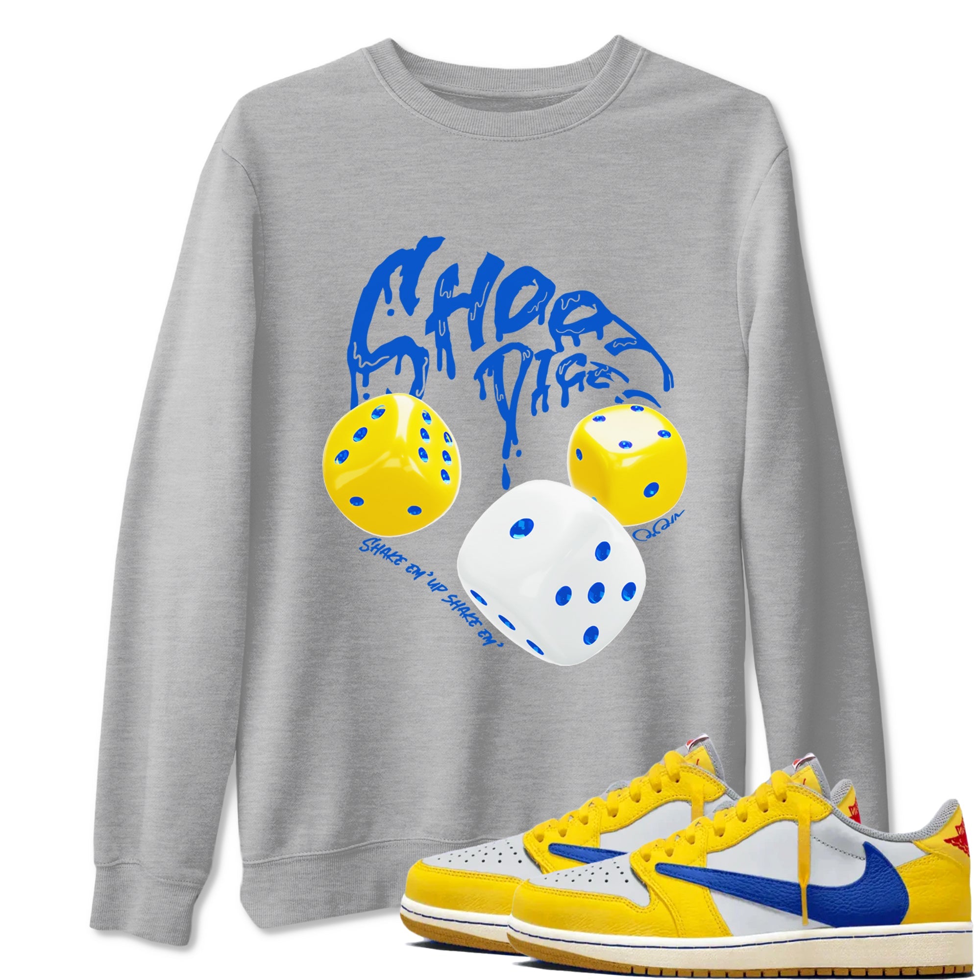 1s Travis Scott Canary shirt to match jordans Shoot Dice sneaker tees Air Jordan 1 Travis Scott Canary Drip Gear Zone unisex cotton Heather Grey 1 crew neck shirt