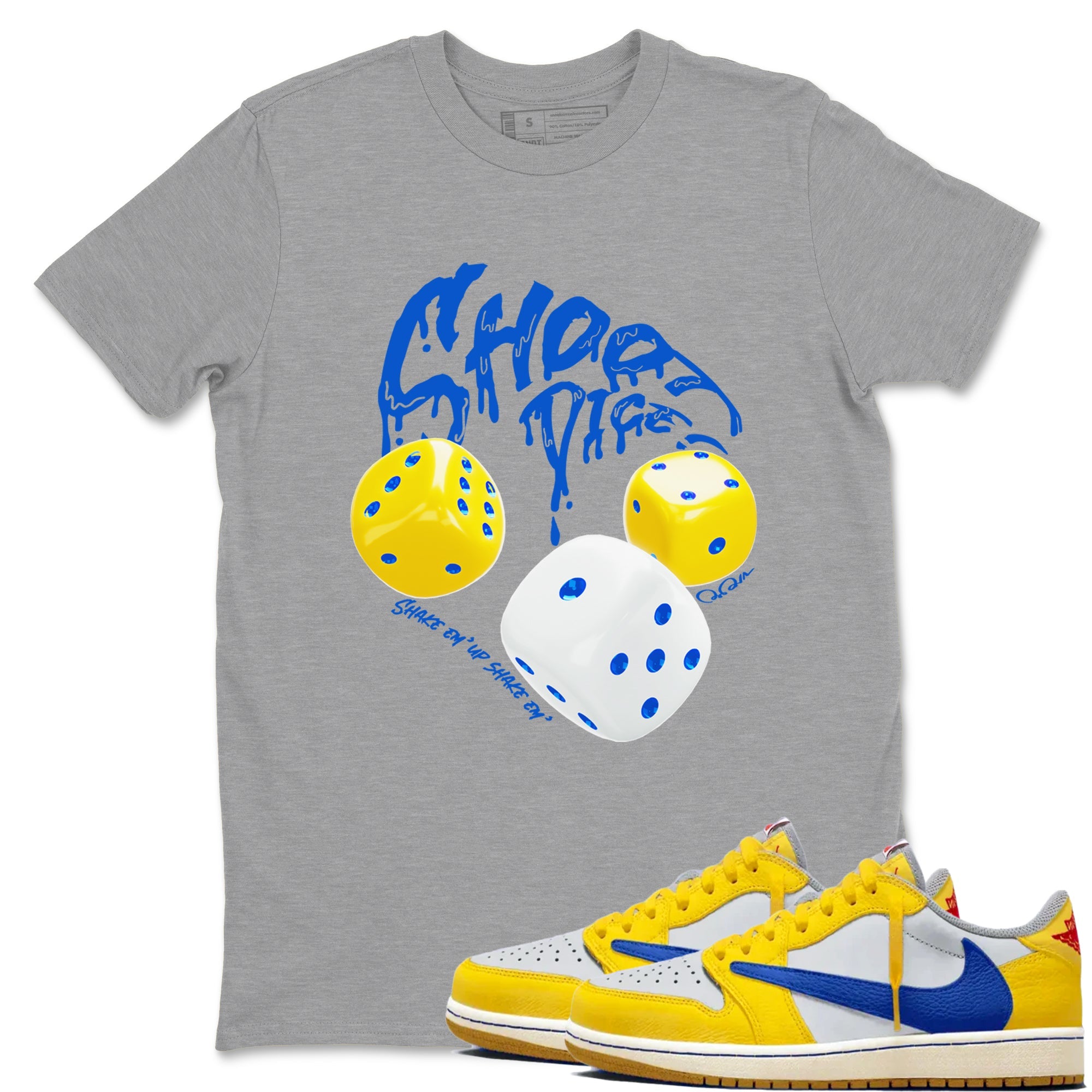 1s Travis Scott Canary shirt to match jordans Shoot Dice sneaker tees Air Jordan 1 Travis Scott Canary Drip Gear Zone unisex cotton Heather Grey 1 crew neck shirt