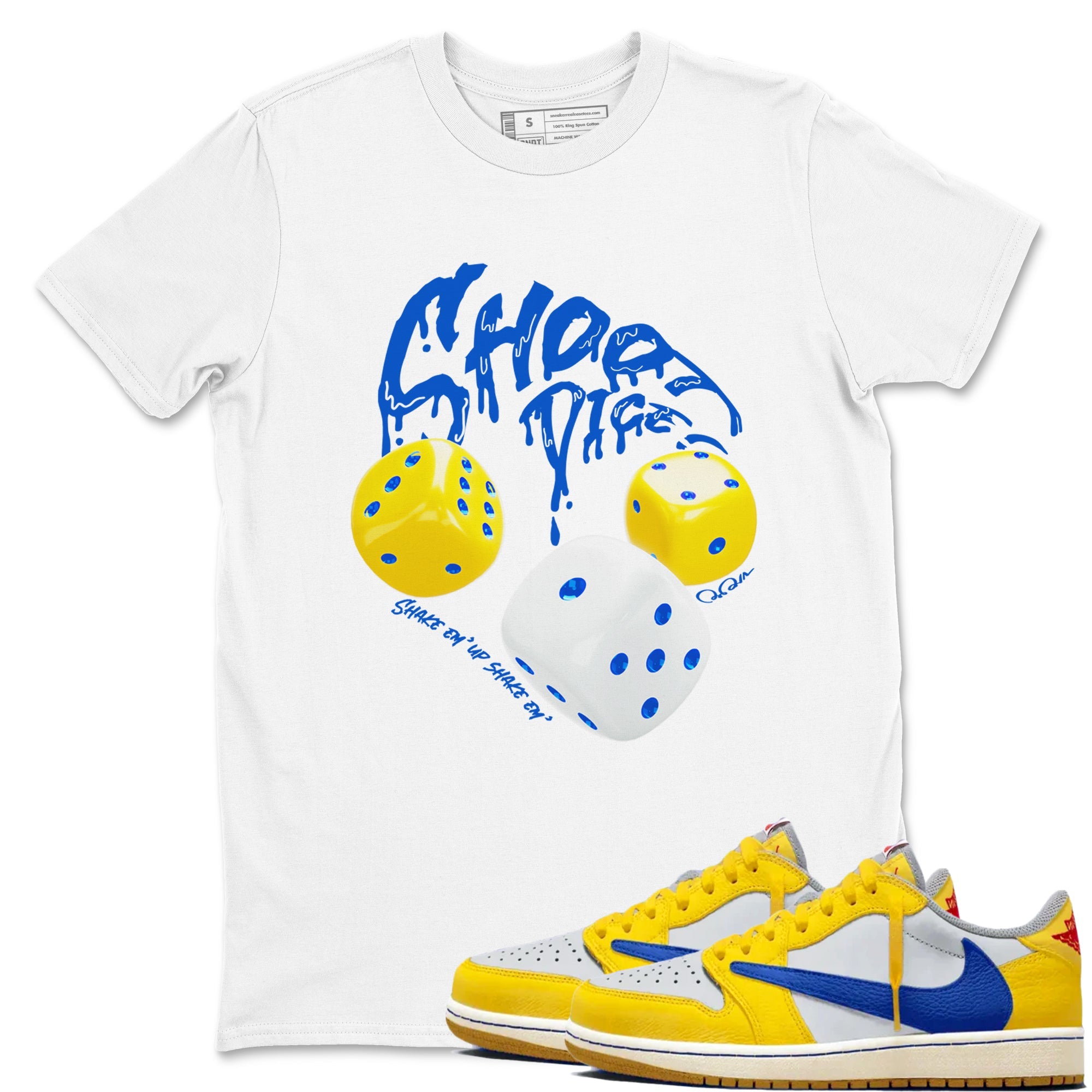 1s Travis Scott Canary shirt to match jordans Shoot Dice sneaker tees Air Jordan 1 Travis Scott Canary Drip Gear Zone unisex cotton White 1 crew neck shirt