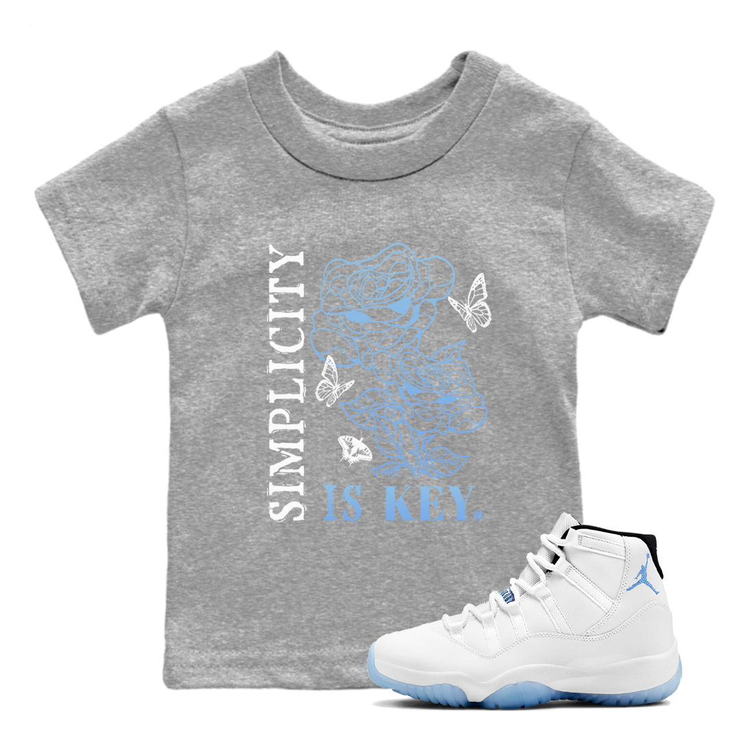 11s Legend Blue shirts to match jordans Simplicity Is Key sneaker match tees Air Jordan 11 Retro Legend Blue match shoes to clothes Drip Gear Zone Youth Baby Heather Grey 1 tee