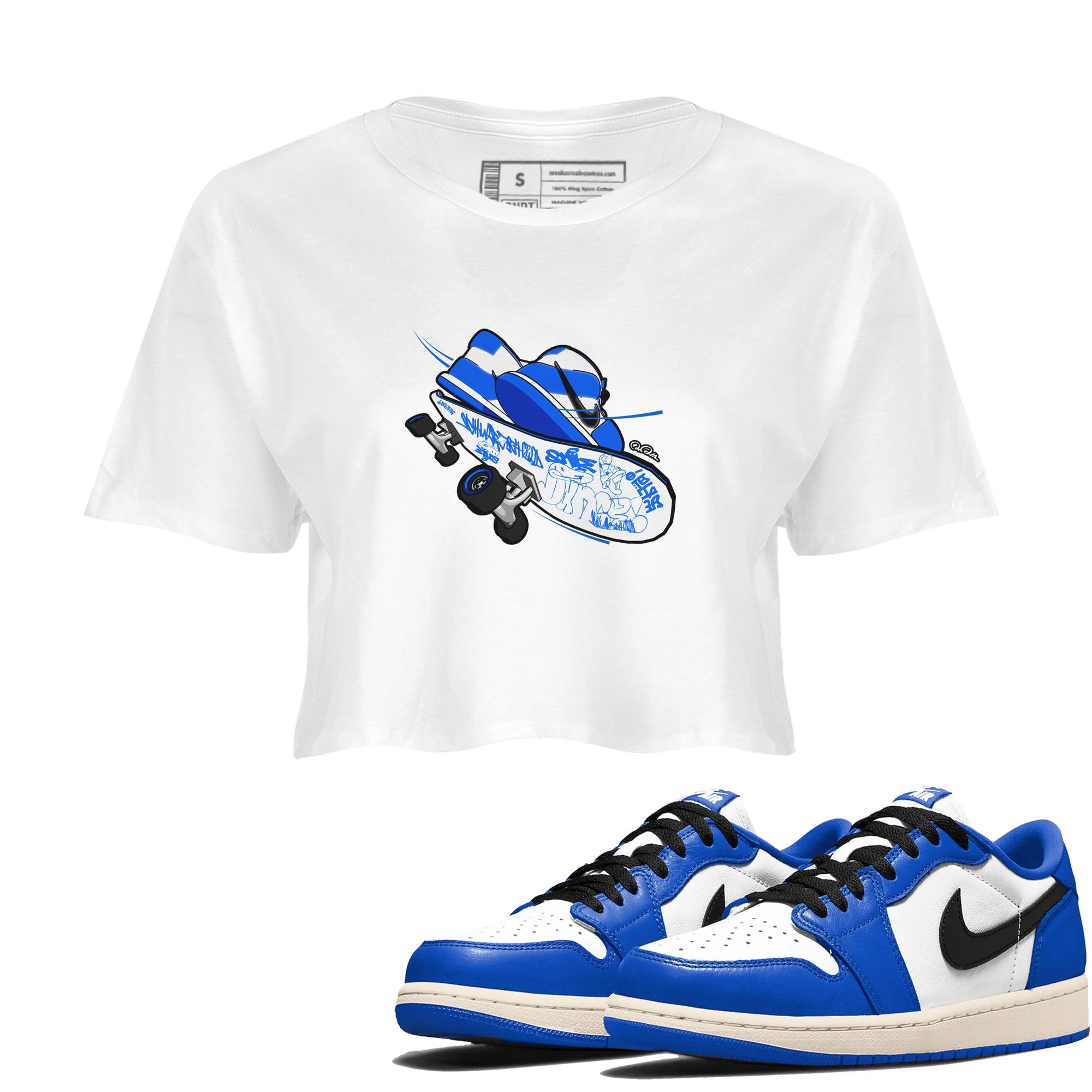 AJ1 Game Royal shirt to match jordans Skateboard sneaker tees Air Jordan 1 Game Royal Drip Gear Zone White 1 crop length shirt