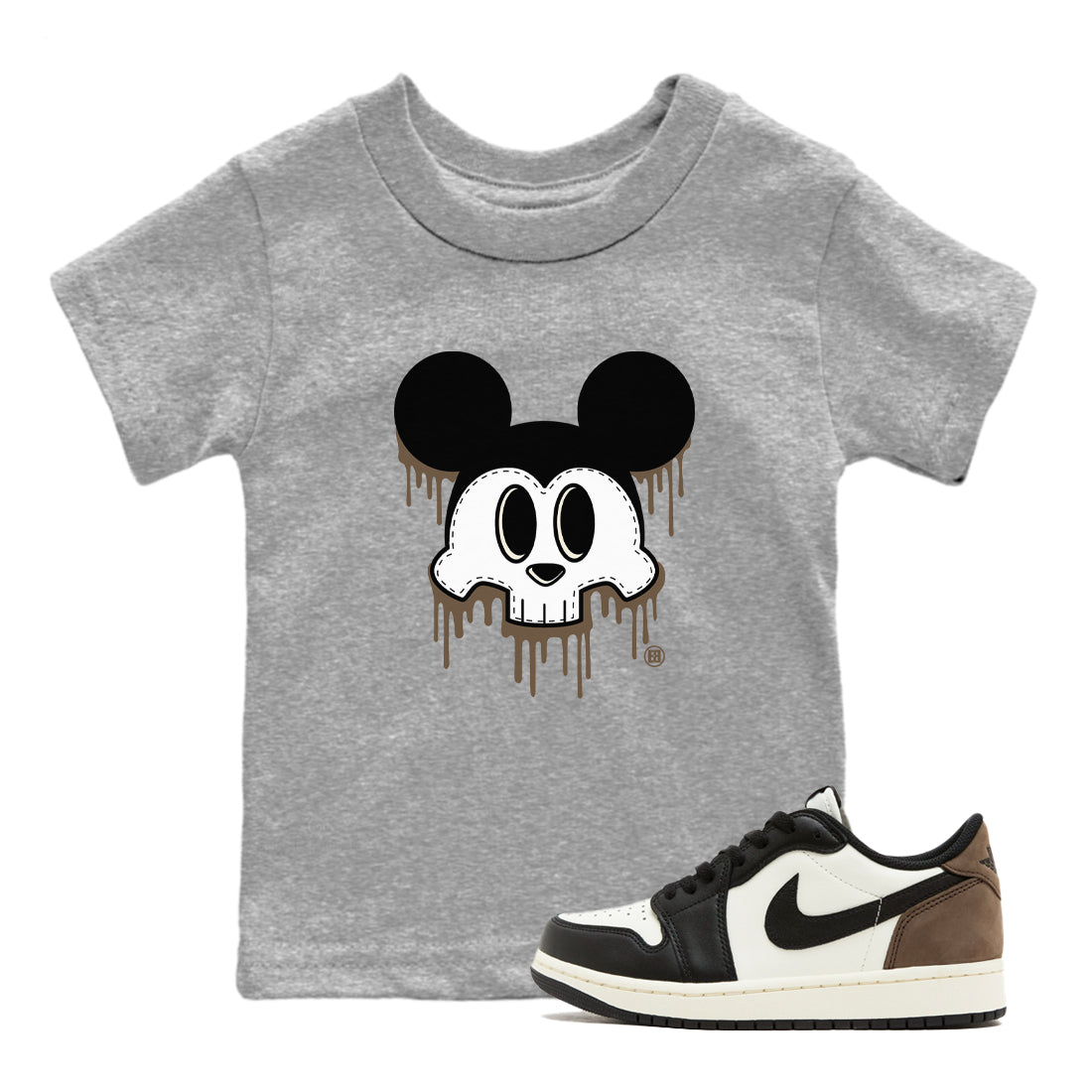 AJ1 Mocha shirts to match jordans Skull Mouse sneaker match tees Air Jordan 1 Mocha Drip Gear Zone streetwear brand Baby and Youth Heather Grey 1 cotton tee