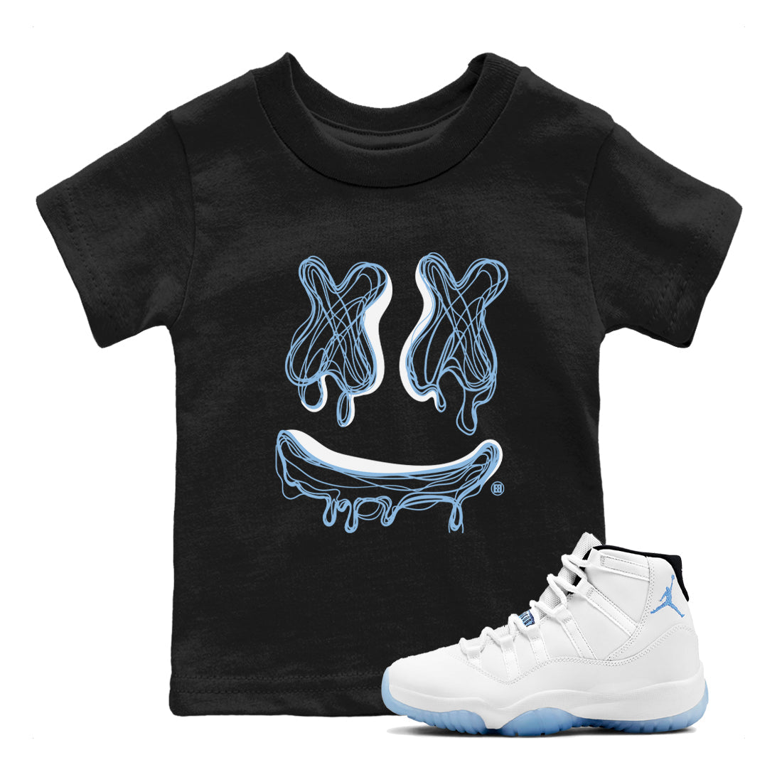 11s Legend Blue shirts to match jordans Smile Doodle sneaker match tees Air Jordan 11 Legend Blue Drip Gear Zone Youth Baby Black 1 crew neck shirts