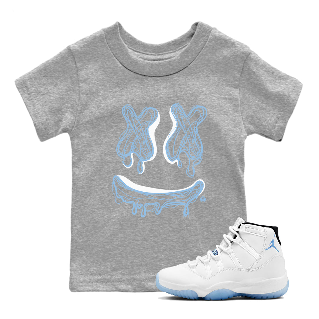11s Legend Blue shirts to match jordans Smile Doodle sneaker match tees Air Jordan 11 Legend Blue Drip Gear Zone Youth Baby Heather Grey 1 crew neck shirts