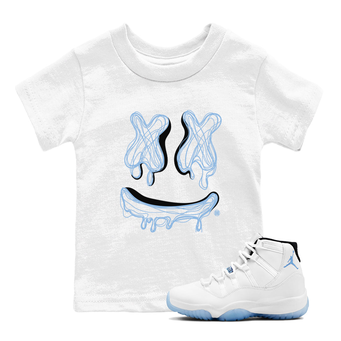 11s Legend Blue shirts to match jordans Smile Doodle sneaker match tees Air Jordan 11 Legend Blue Drip Gear Zone Youth Baby White 1 crew neck shirts