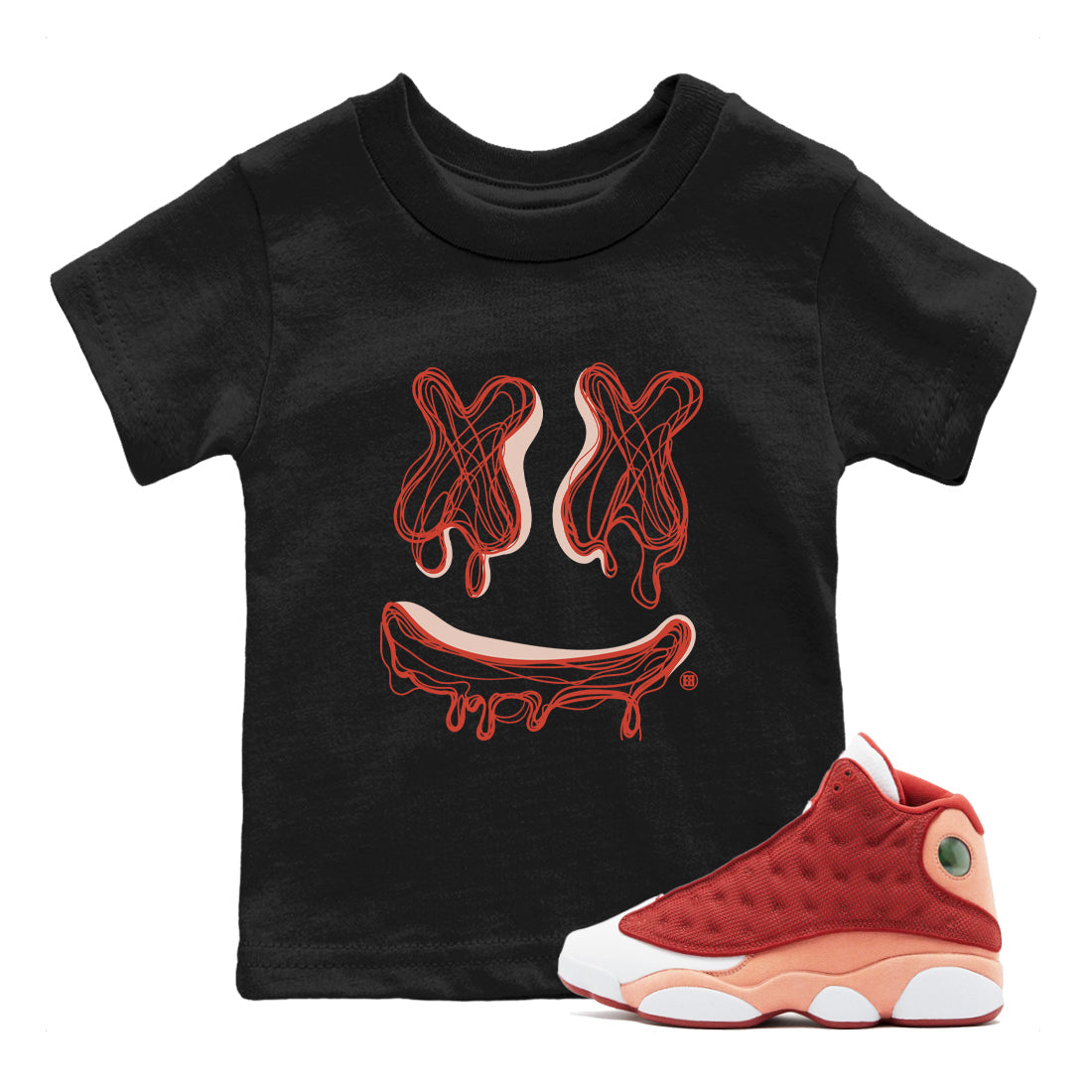 13s Dune Red shirts to match jordans Smile Doodle sneaker match tees Air Jordan 13 Dune Red Drip Gear Zone streetwear brand Baby and Youth Black 1 cotton tee