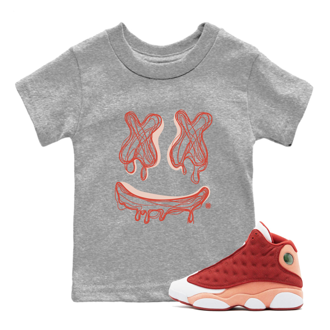 13s Dune Red shirts to match jordans Smile Doodle sneaker match tees Air Jordan 13 Dune Red Drip Gear Zone streetwear brand Baby and Youth Heather Grey 1 cotton tee