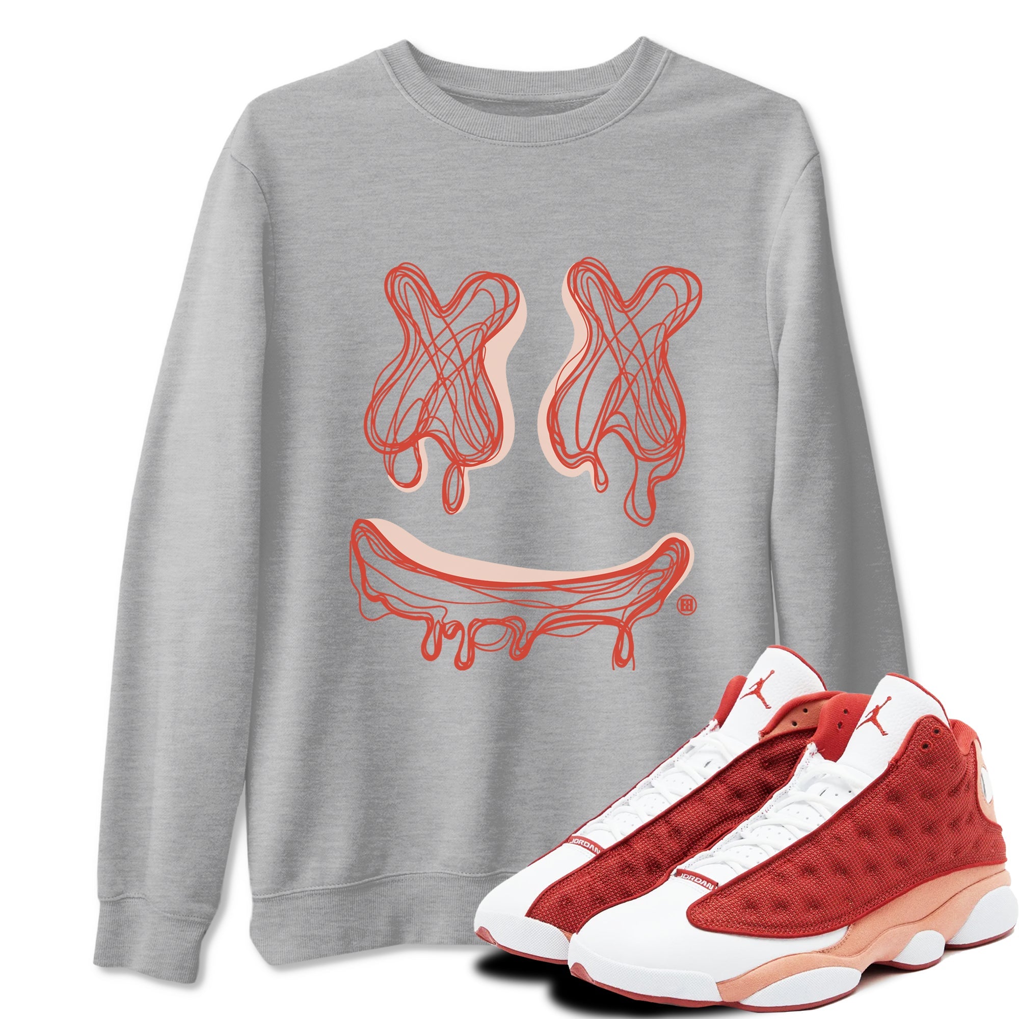 13s Dune Red shirts to match jordans Smile Doodle sneaker match tees Air Jordan 13 Dune Red Drip Gear Zone streetwear brand Heather Grey 1 unisex cotton tee