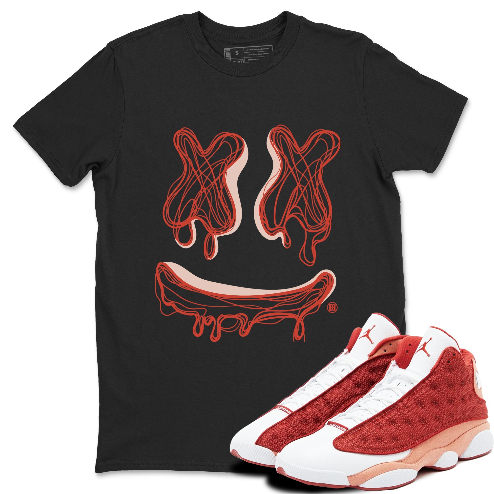 13s Dune Red shirts to match jordans Smile Doodle sneaker match tees Air Jordan 13 Dune Red Drip Gear Zone streetwear brand Black 1 unisex cotton tee