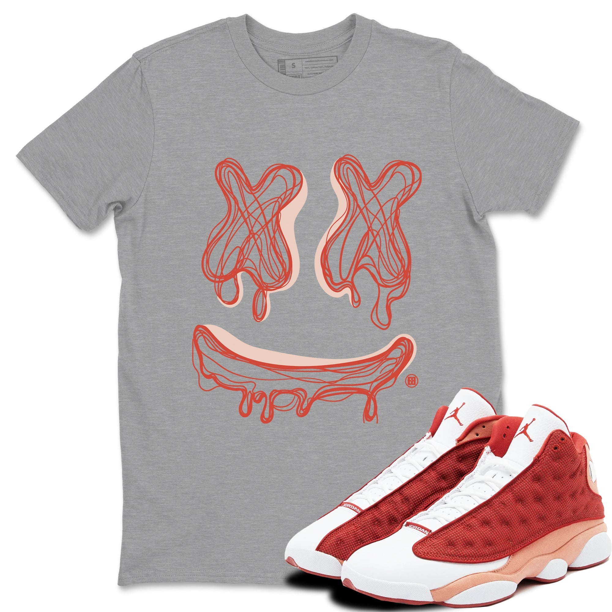 13s Dune Red shirts to match jordans Smile Doodle sneaker match tees Air Jordan 13 Dune Red Drip Gear Zone streetwear brand Heather Grey 1 unisex cotton tee