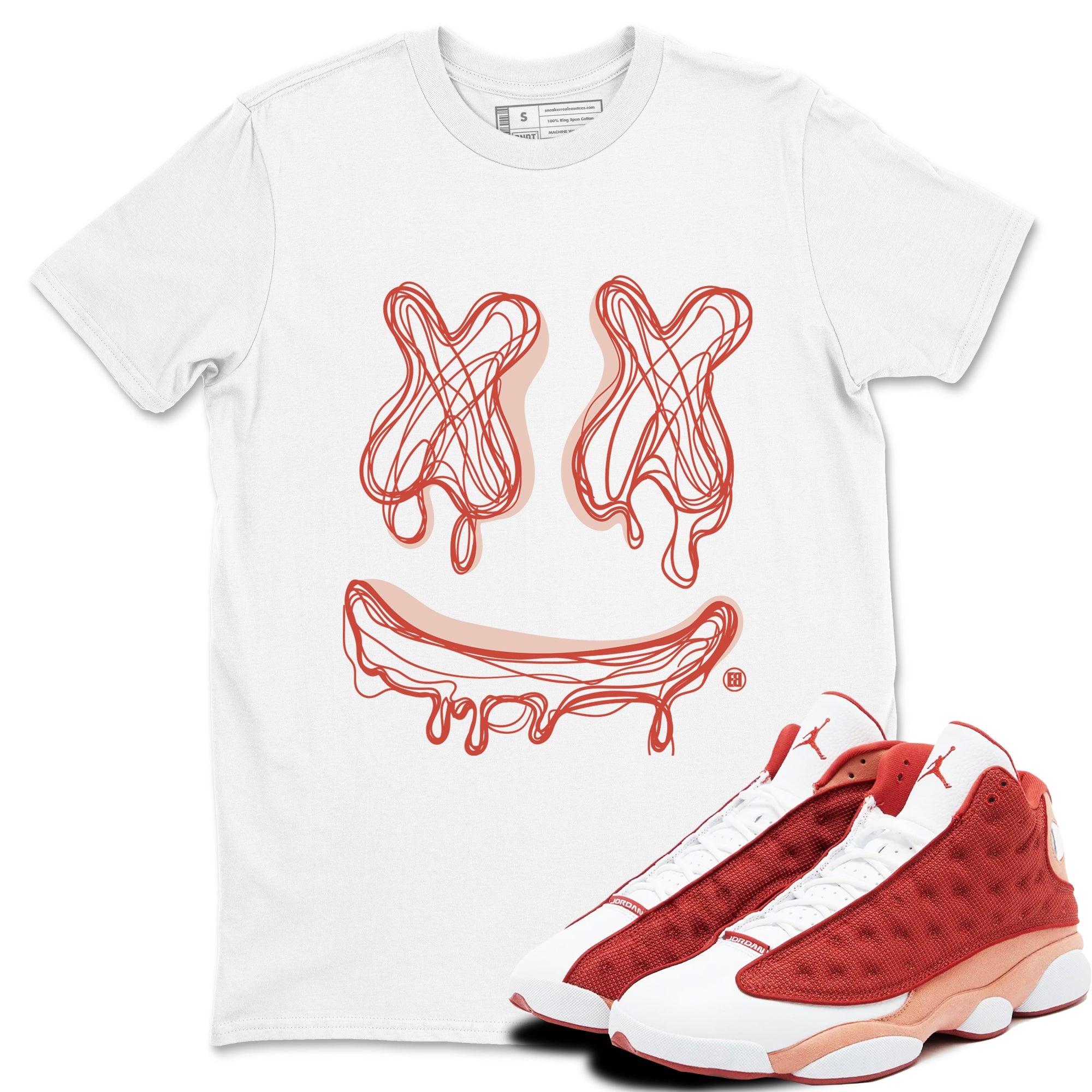 13s Dune Red shirts to match jordans Smile Doodle sneaker match tees Air Jordan 13 Dune Red Drip Gear Zone streetwear brand White 1 unisex cotton tee
