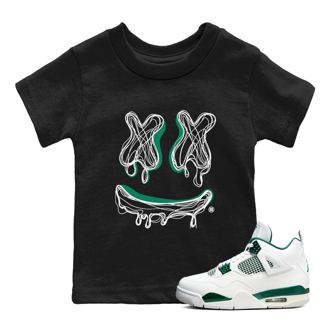 4s Oxidized Green shirts to match jordans Smile Doodle sneaker match tees Air Jordan 4 Oxidized Green Drip Gear Zone streetwear brand Baby and Youth Black 1 cotton tee
