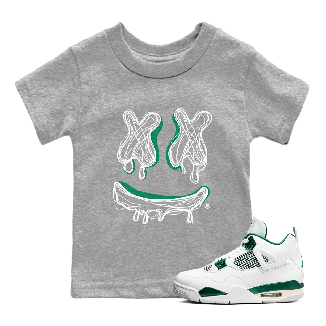 4s Oxidized Green shirts to match jordans Smile Doodle sneaker match tees Air Jordan 4 Oxidized Green Drip Gear Zone streetwear brand Baby and Youth Heather Grey 1 cotton tee