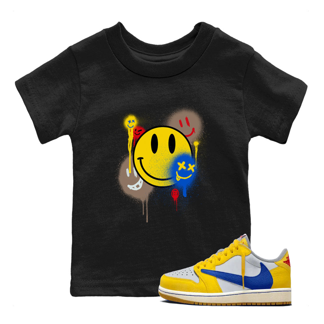 1s Travis Scott Canary shirt to match jordans Smile Painting sneaker tees Air Jordan 1 Travis Scott Canary Drip Gear Zone baby toddler Black 1 cotton Shirt
