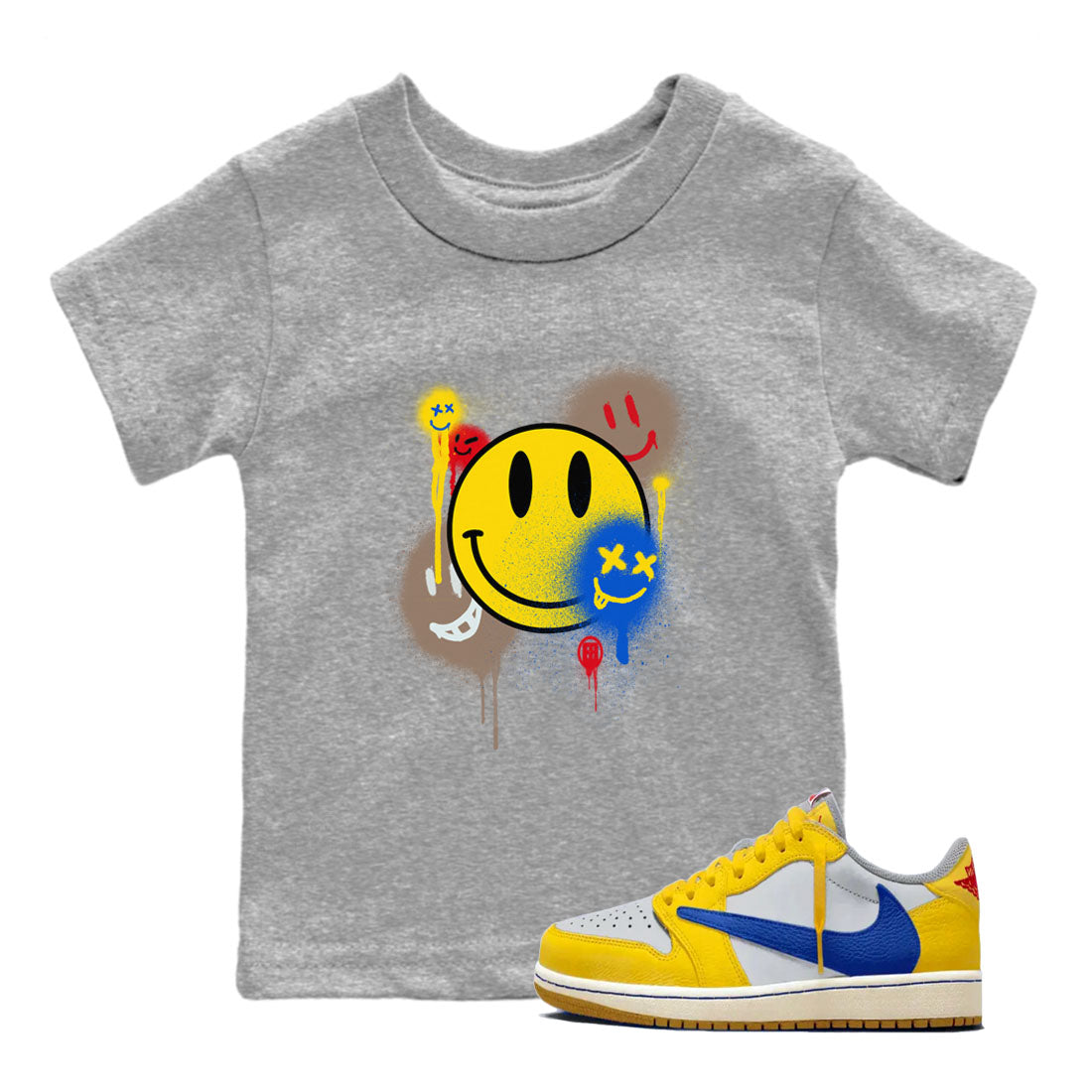 1s Travis Scott Canary shirt to match jordans Smile Painting sneaker tees Air Jordan 1 Travis Scott Canary Drip Gear Zone baby toddler Heather Grey 1 cotton Shirt