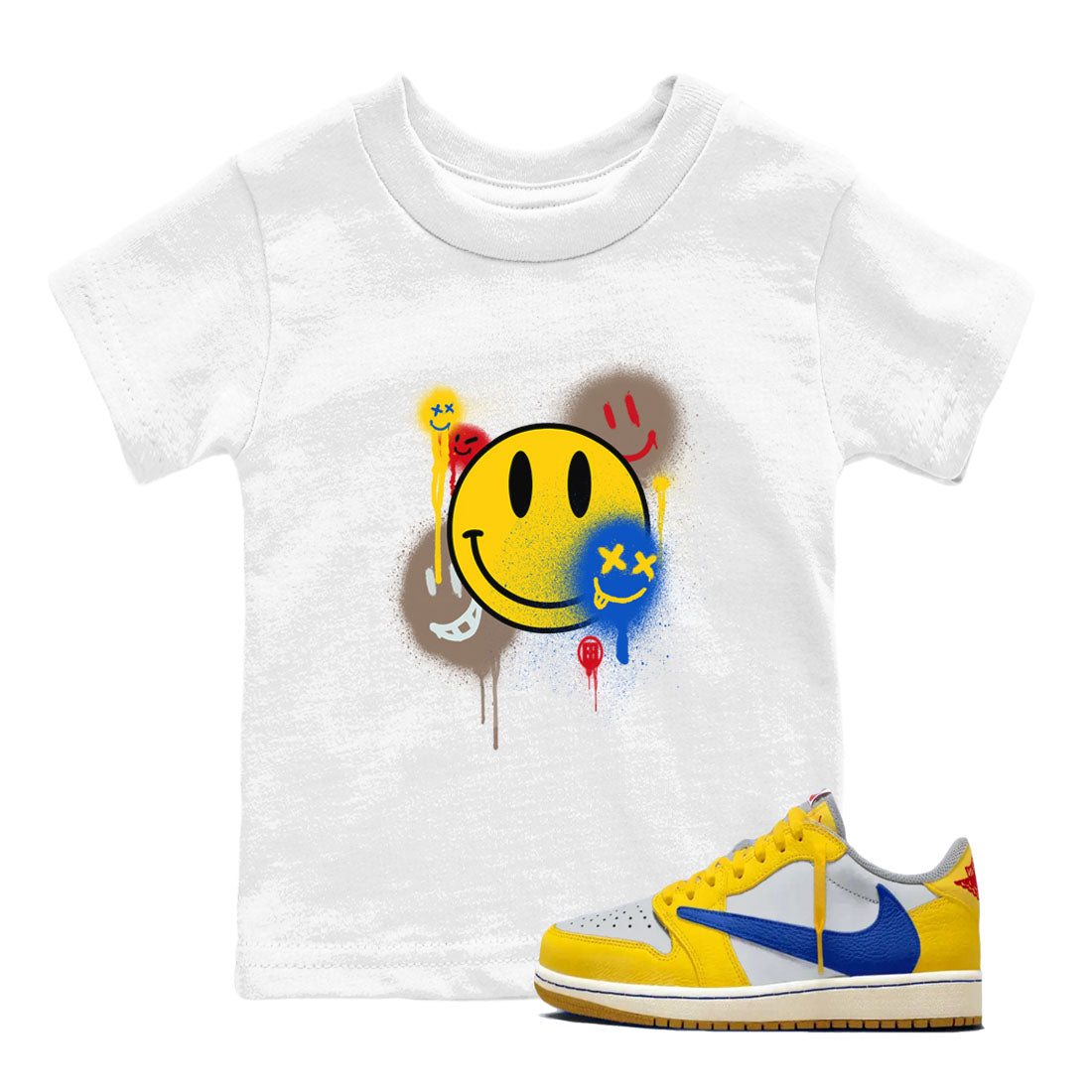 1s Travis Scott Canary shirt to match jordans Smile Painting sneaker tees Air Jordan 1 Travis Scott Canary Drip Gear Zone baby toddler White 1 cotton Shirt