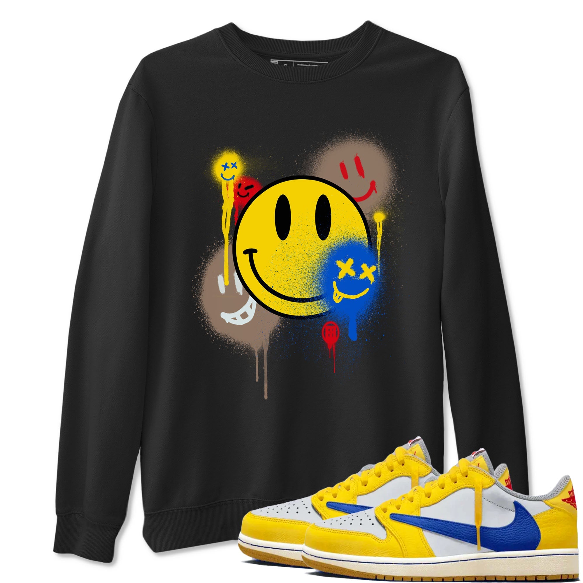 1s Travis Scott Canary shirt to match jordans Smile Painting sneaker tees Air Jordan 1 Travis Scott Canary Drip Gear Zone unisex cotton Black 1 crew neck shirt