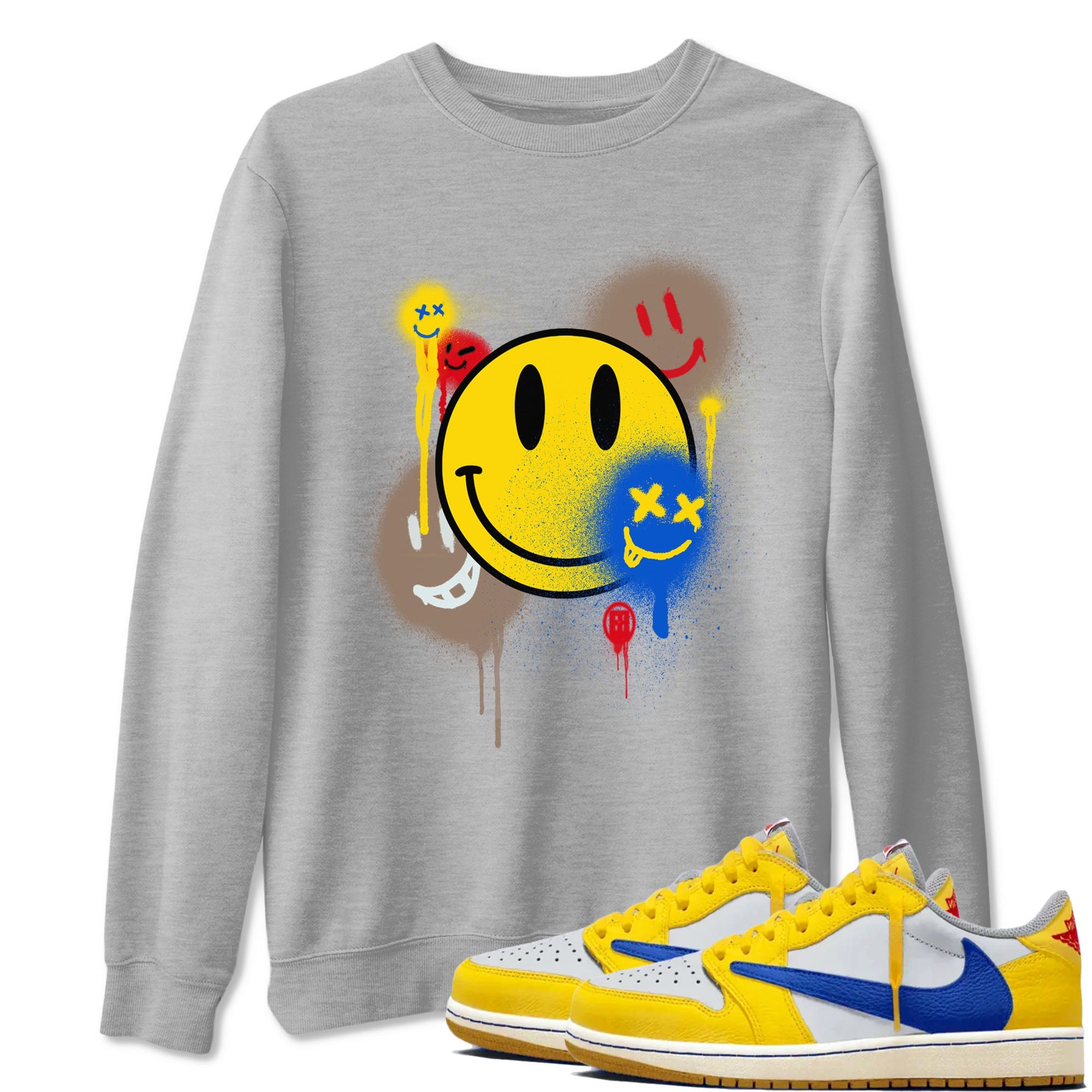 1s Travis Scott Canary shirt to match jordans Smile Painting sneaker tees Air Jordan 1 Travis Scott Canary Drip Gear Zone unisex cotton Heather Grey 1 crew neck shirt