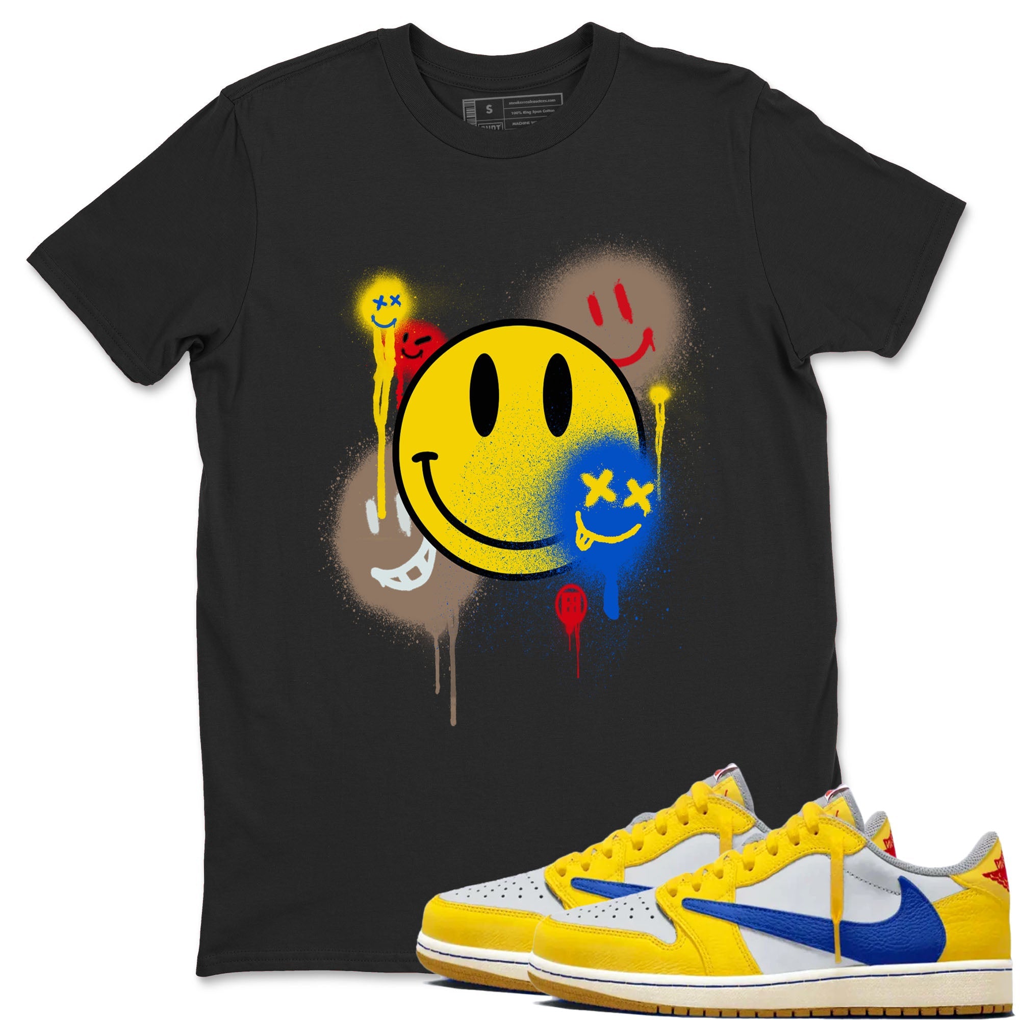 1s Travis Scott Canary shirt to match jordans Smile Painting sneaker tees Air Jordan 1 Travis Scott Canary Drip Gear Zone unisex cotton Black 1 crew neck shirt