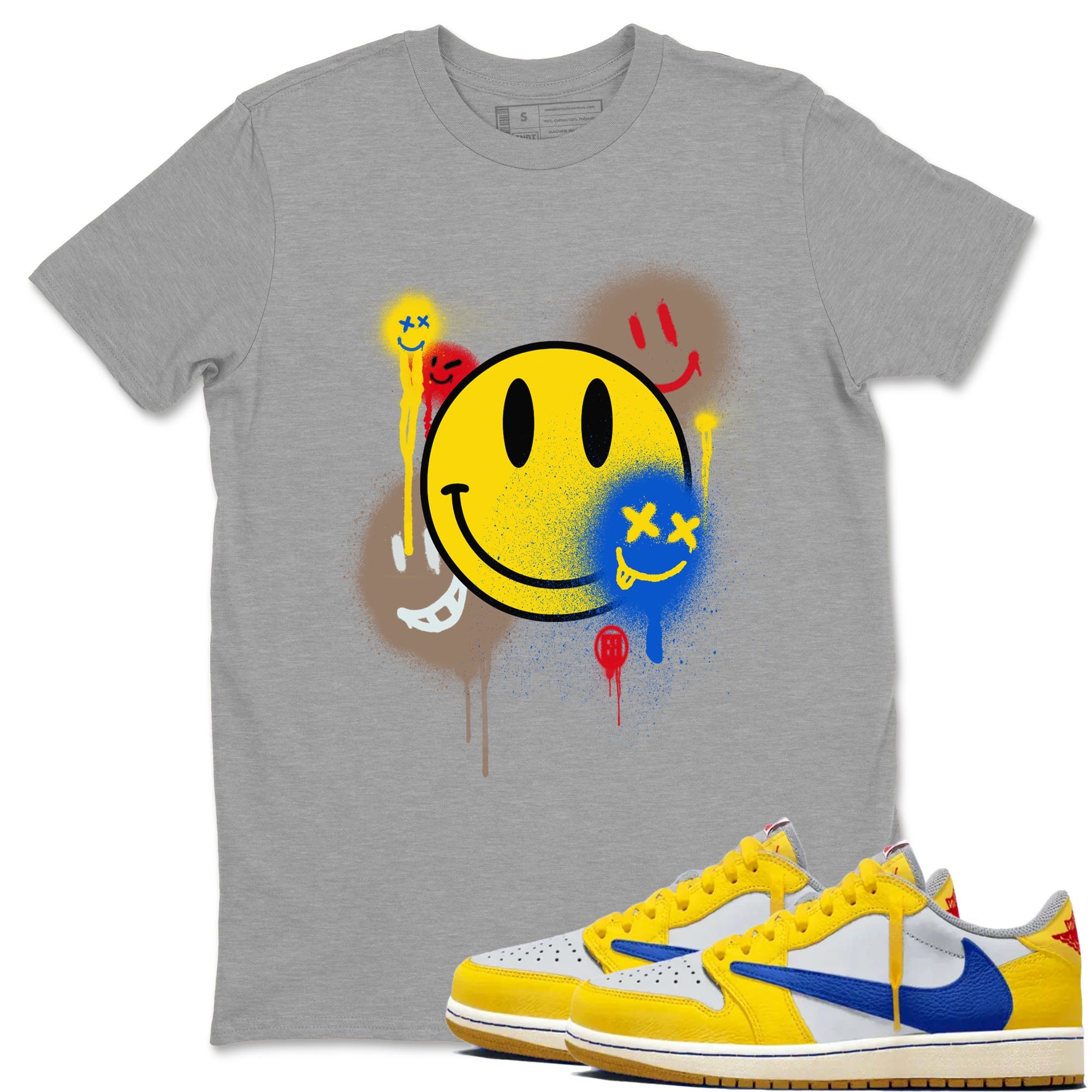 1s Travis Scott Canary shirt to match jordans Smile Painting sneaker tees Air Jordan 1 Travis Scott Canary Drip Gear Zone unisex cotton Heather Grey 1 crew neck shirt