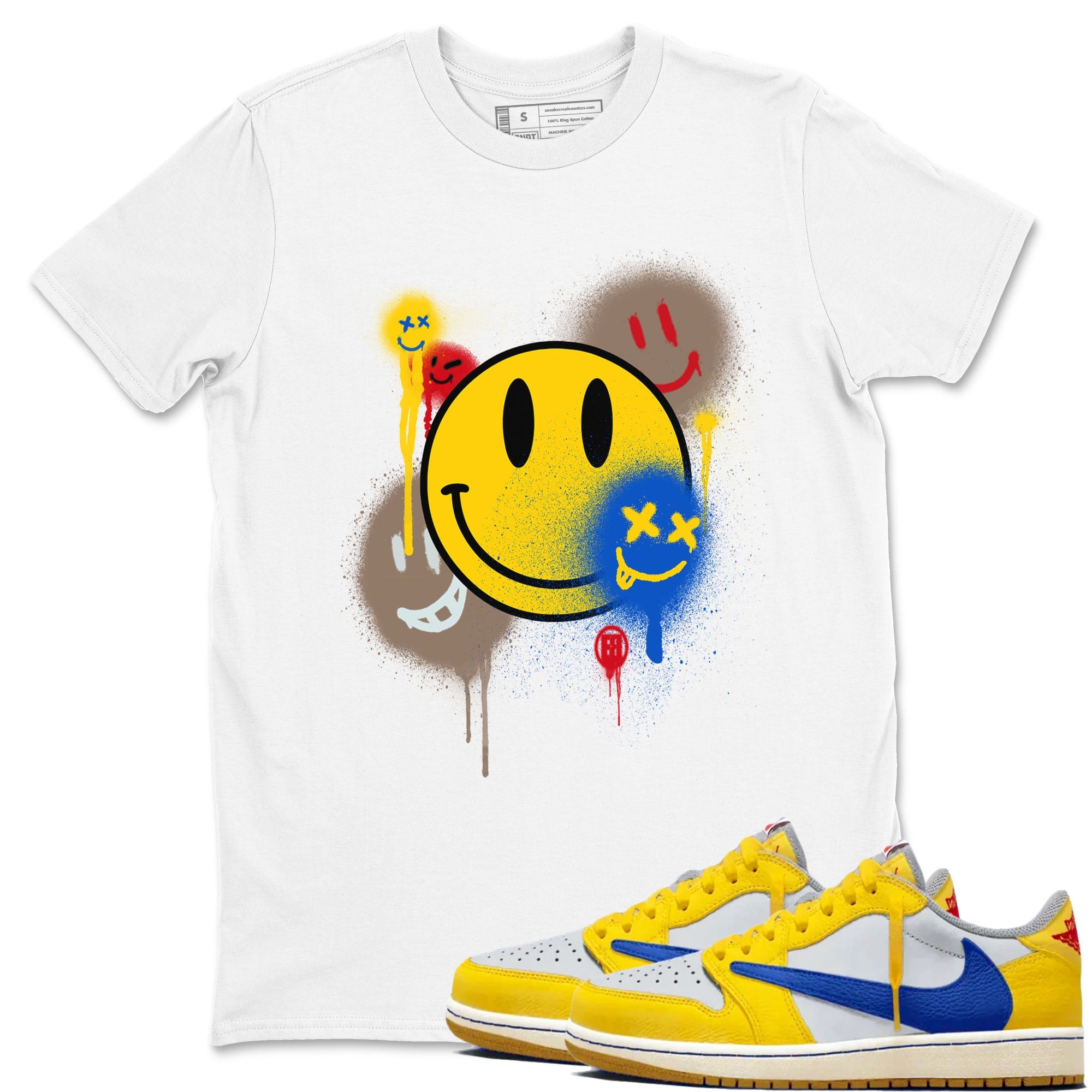 1s Travis Scott Canary shirt to match jordans Smile Painting sneaker tees Air Jordan 1 Travis Scott Canary Drip Gear Zone unisex cotton White 1 crew neck shirt