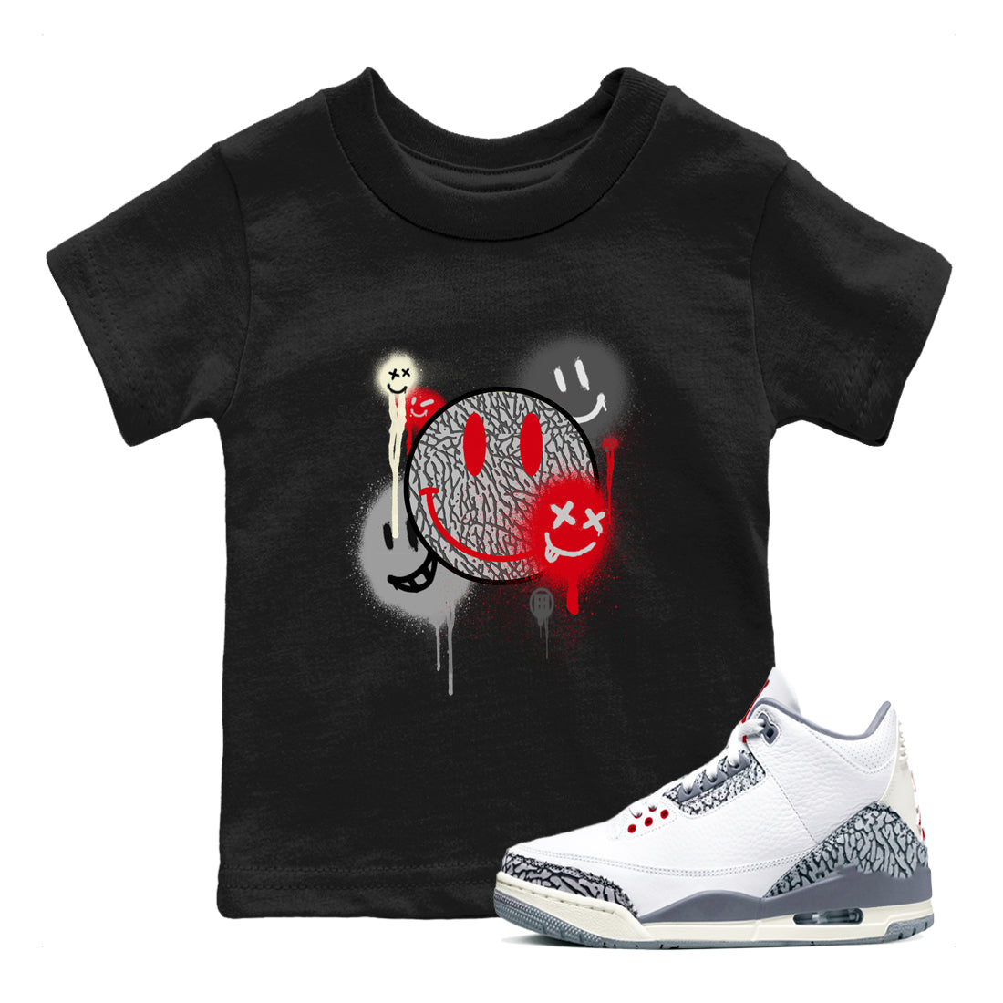 3s Cement Grey shirts to match jordans Smile Painting sneaker match tees Air Jordan 3 Cement Grey Drip Gear Zone streetwear brand Baby and Youth Black 1 cotton tee