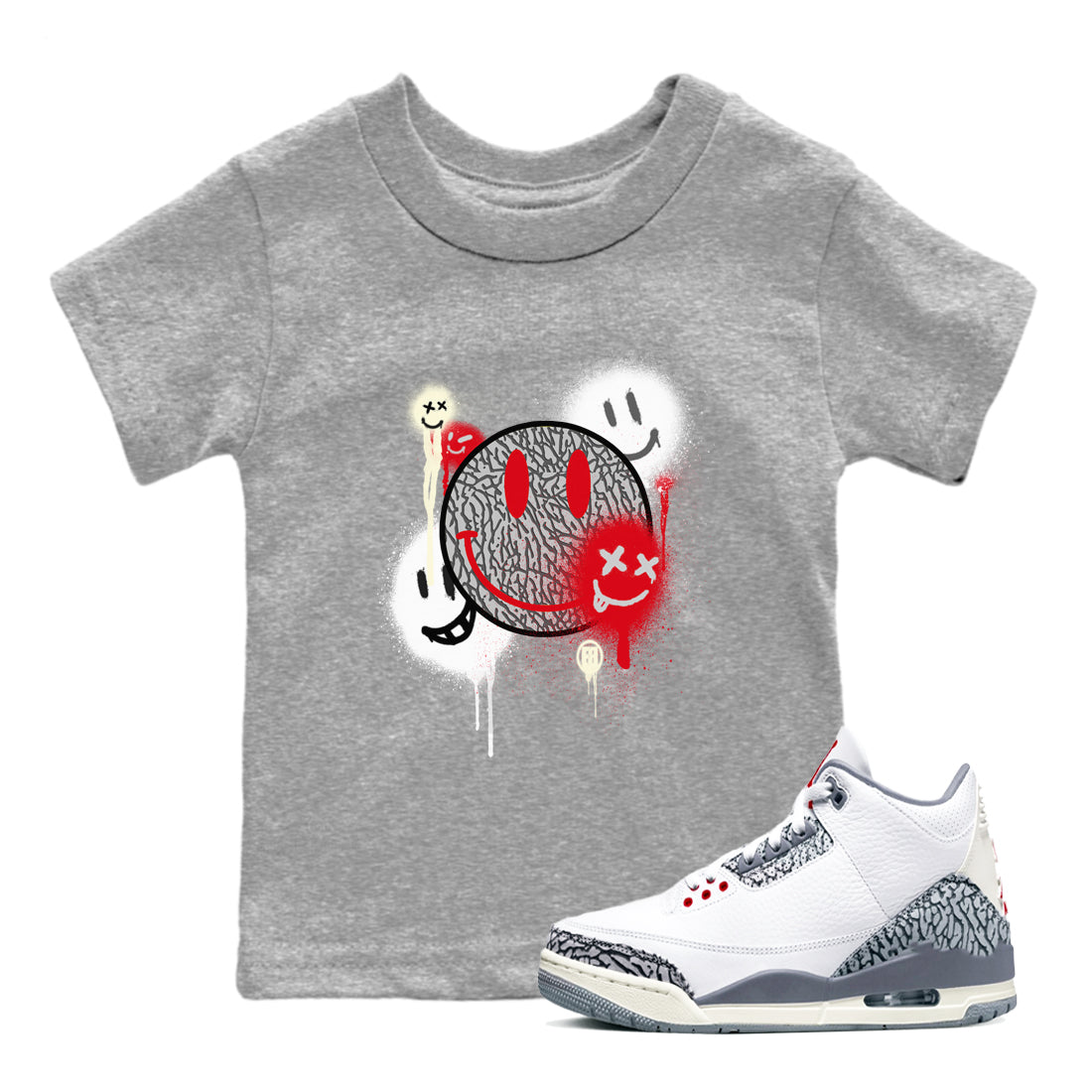 3s Cement Grey shirts to match jordans Smile Painting sneaker match tees Air Jordan 3 Cement Grey Drip Gear Zone streetwear brand Baby and Youth Heather Grey 1 cotton tee