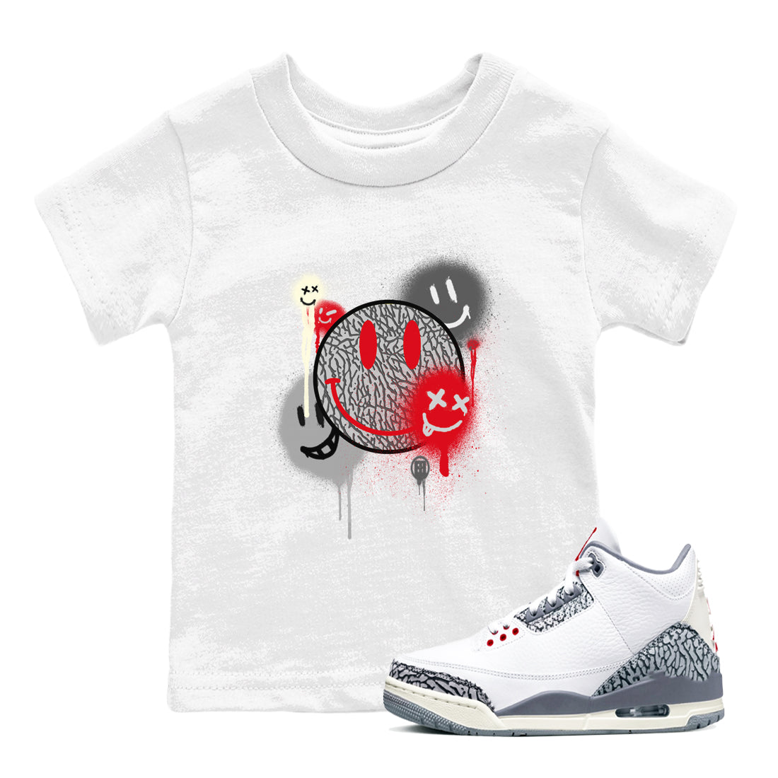 3s Cement Grey shirts to match jordans Smile Painting sneaker match tees Air Jordan 3 Cement Grey Drip Gear Zone streetwear brand Baby and Youth White 1 cotton tee