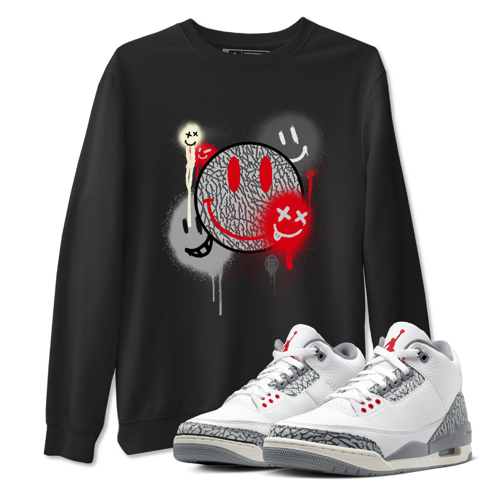 3s Cement Grey shirts to match jordans Smile Painting sneaker match tees Air Jordan 3 Cement Grey Drip Gear Zone streetwear brand Black 1 unisex cotton tee