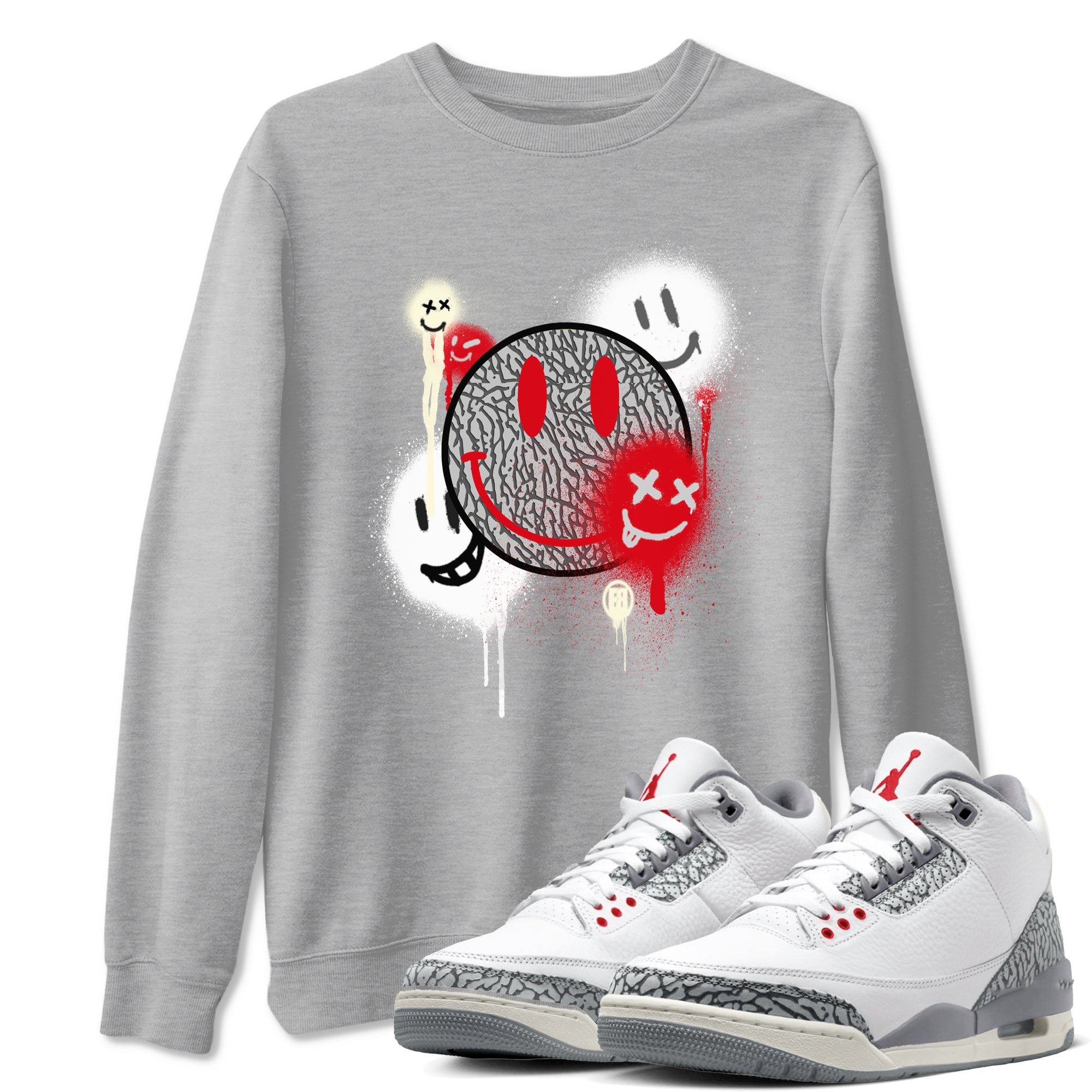3s Cement Grey shirts to match jordans Smile Painting sneaker match tees Air Jordan 3 Cement Grey Drip Gear Zone streetwear brand Heather Grey 1 unisex cotton tee